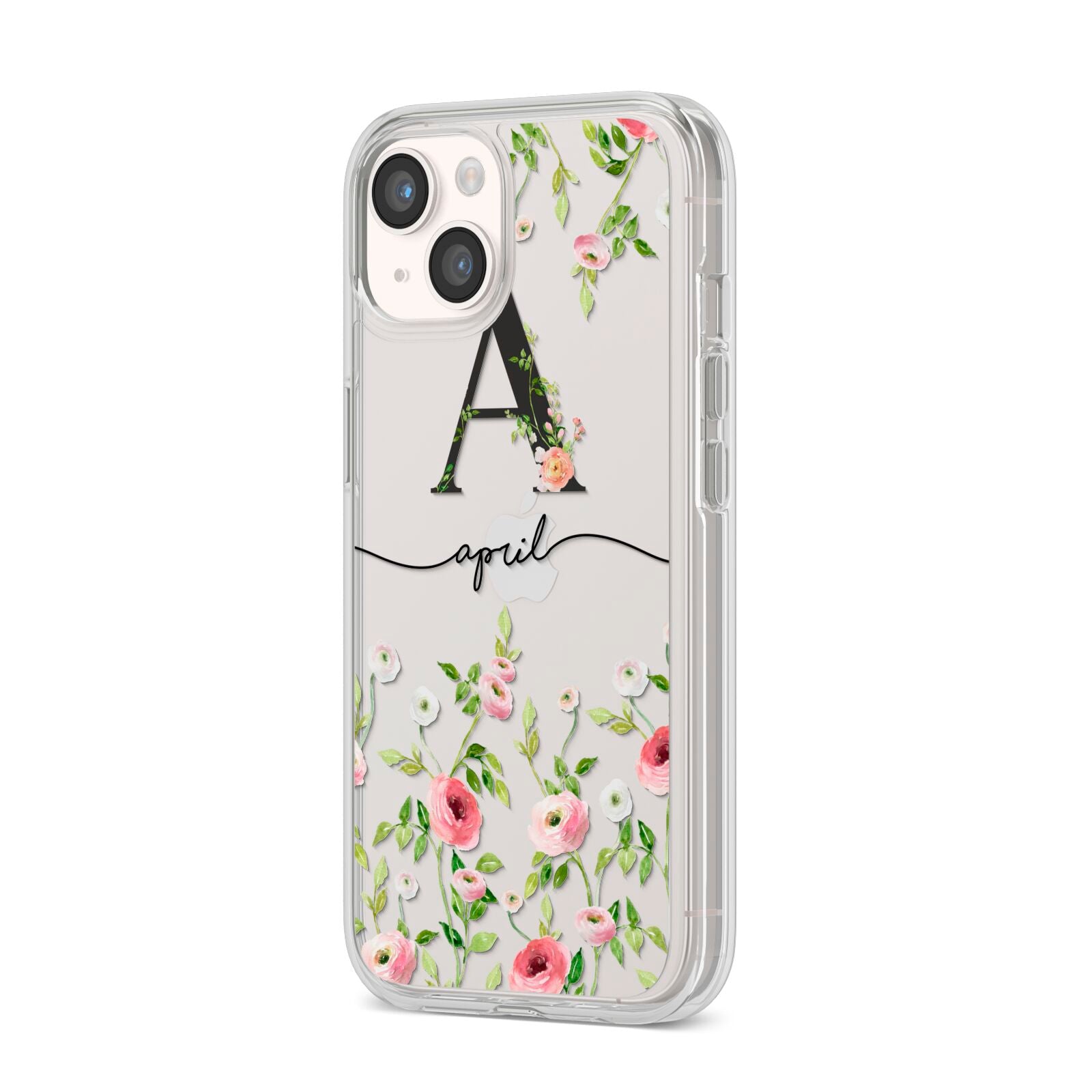 Personalised Floral Initial iPhone 14 Clear Tough Case Starlight Angled Image