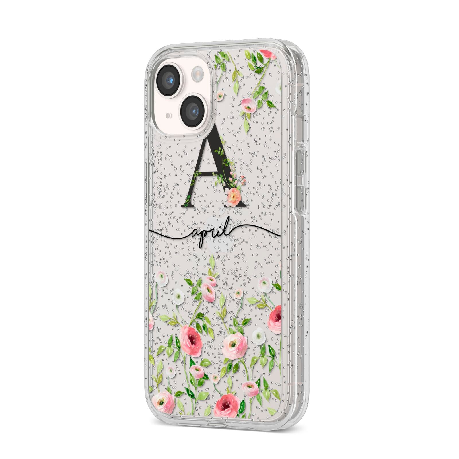 Personalised Floral Initial iPhone 14 Glitter Tough Case Starlight Angled Image