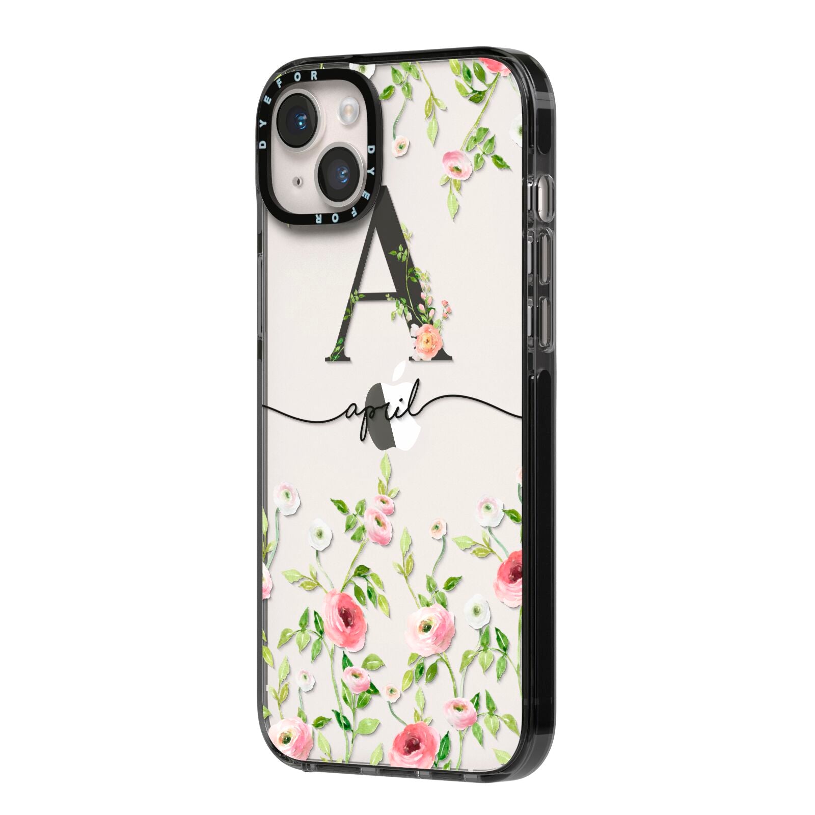 Personalised Floral Initial iPhone 14 Plus Black Impact Case Side Angle on Silver phone