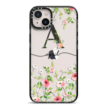 Personalised Floral Initial iPhone 14 Plus Black Impact Case on Silver phone