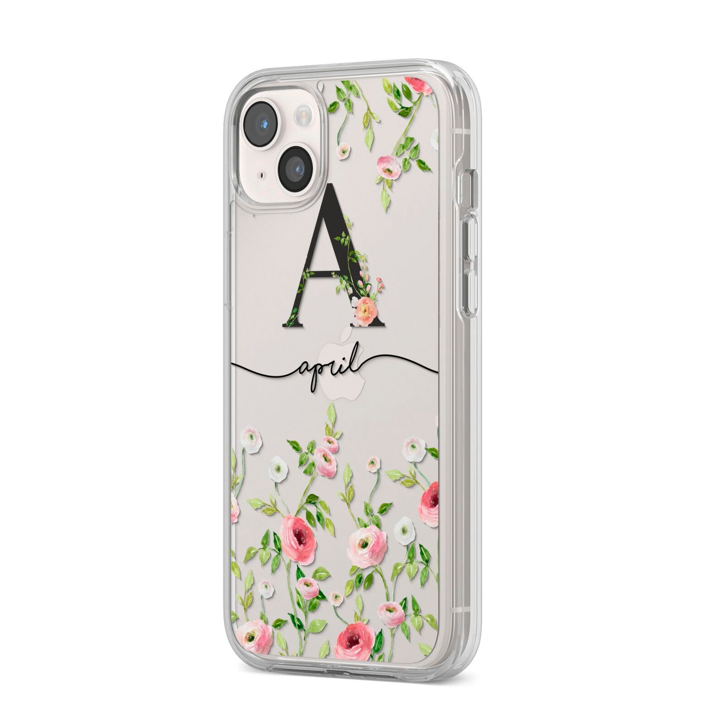 Personalised Floral Initial iPhone 14 Plus Clear Tough Case Starlight Angled Image