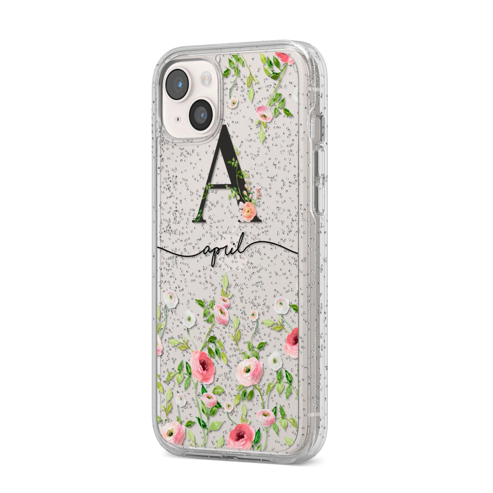 Personalised Floral Initial iPhone 14 Plus Glitter Tough Case Starlight Angled Image