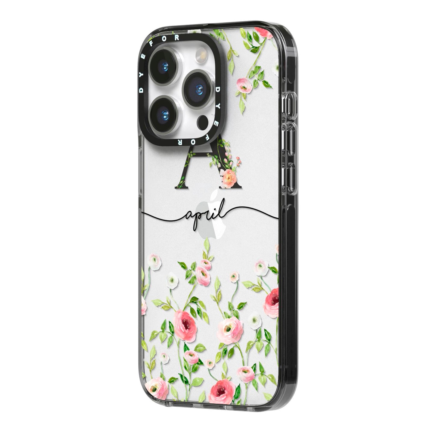 Personalised Floral Initial iPhone 14 Pro Black Impact Case Side Angle on Silver phone