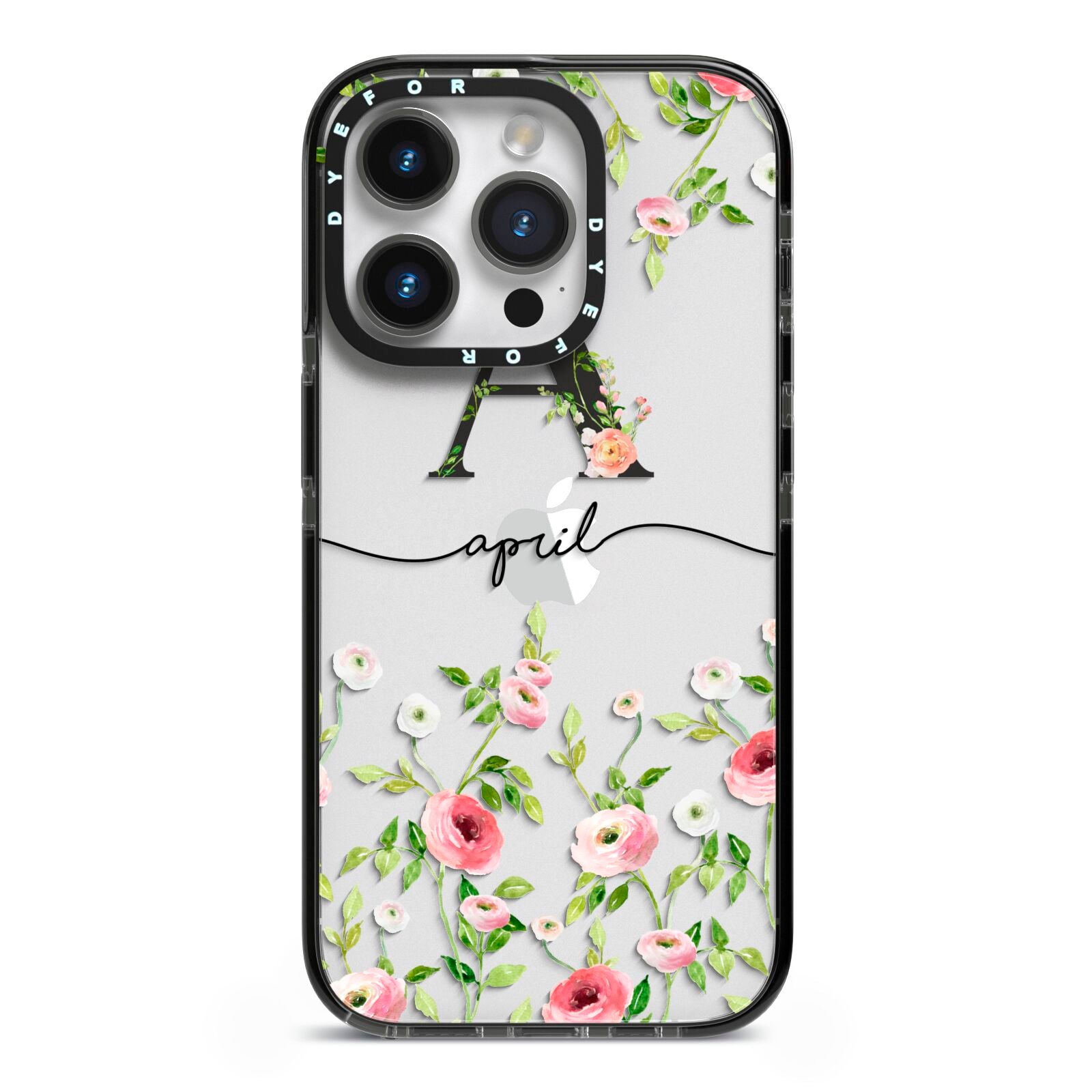 Personalised Floral Initial iPhone 14 Pro Black Impact Case on Silver phone