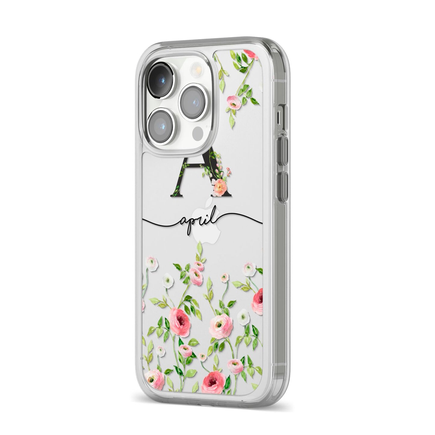 Personalised Floral Initial iPhone 14 Pro Clear Tough Case Silver Angled Image