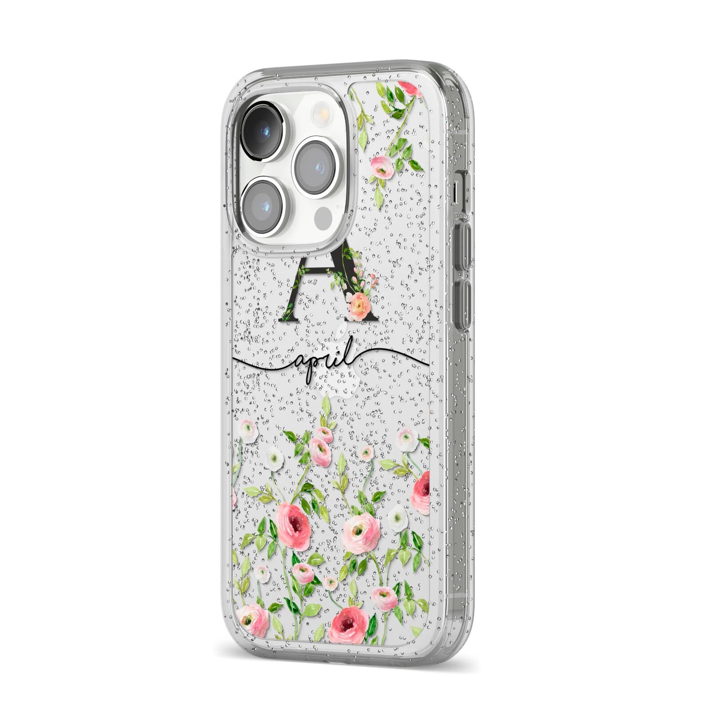 Personalised Floral Initial iPhone 14 Pro Glitter Tough Case Silver Angled Image