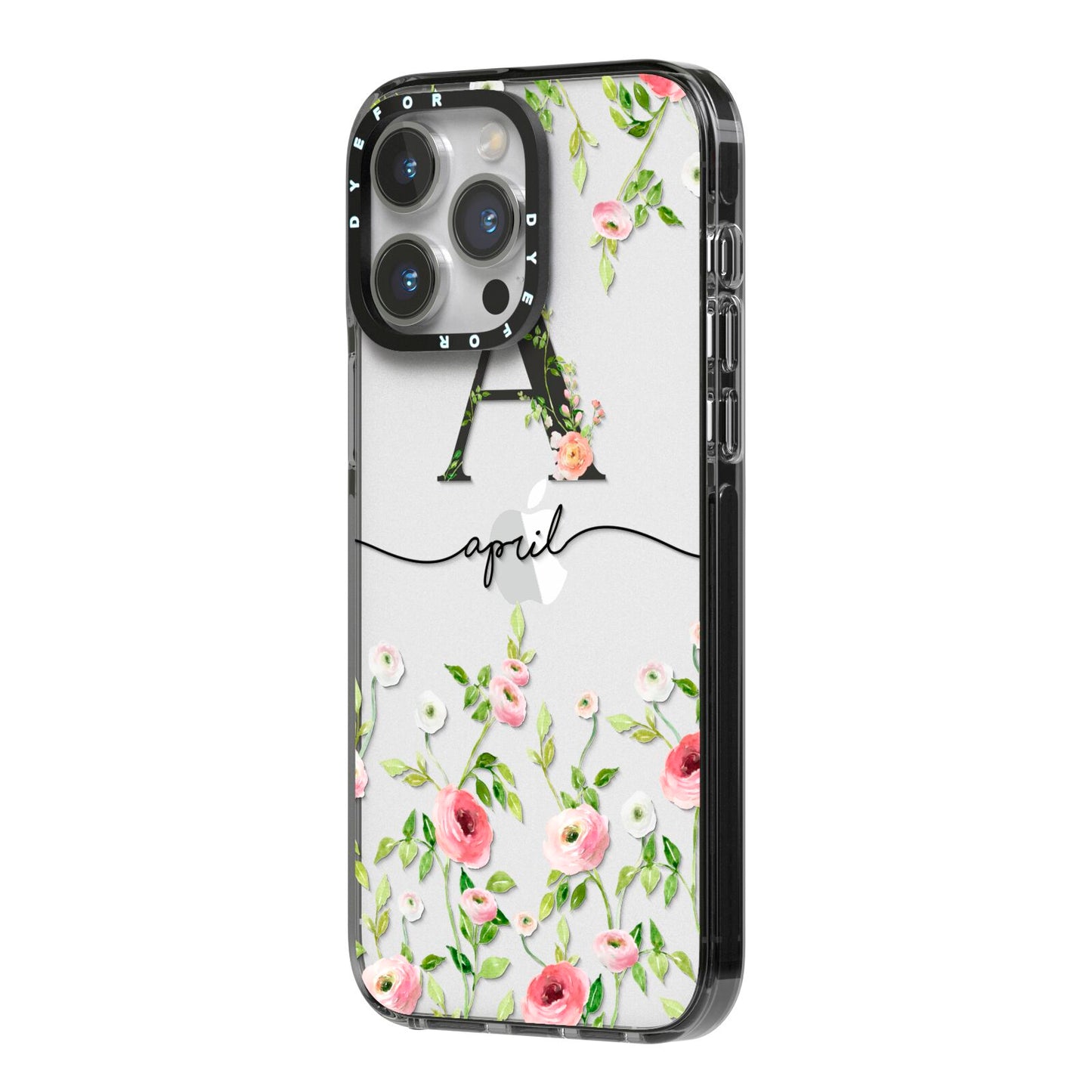 Personalised Floral Initial iPhone 14 Pro Max Black Impact Case Side Angle on Silver phone