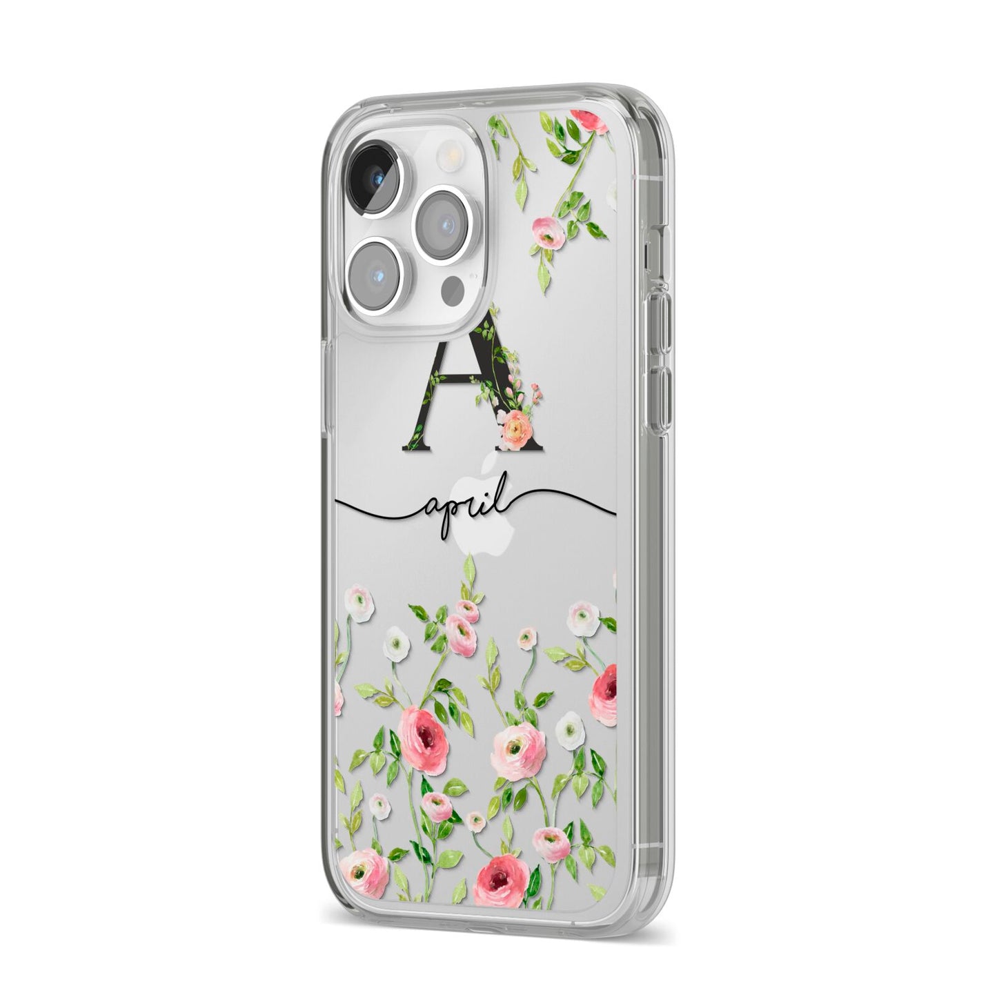 Personalised Floral Initial iPhone 14 Pro Max Clear Tough Case Silver Angled Image