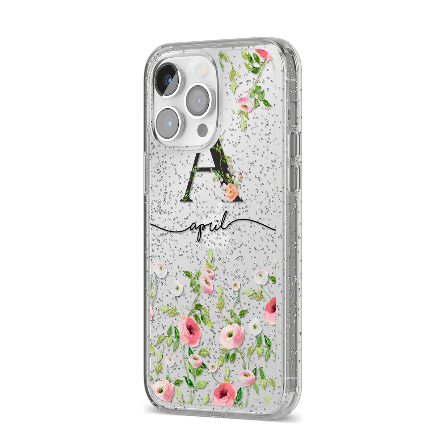 Personalised Floral Initial iPhone 14 Pro Max Glitter Tough Case Silver Angled Image