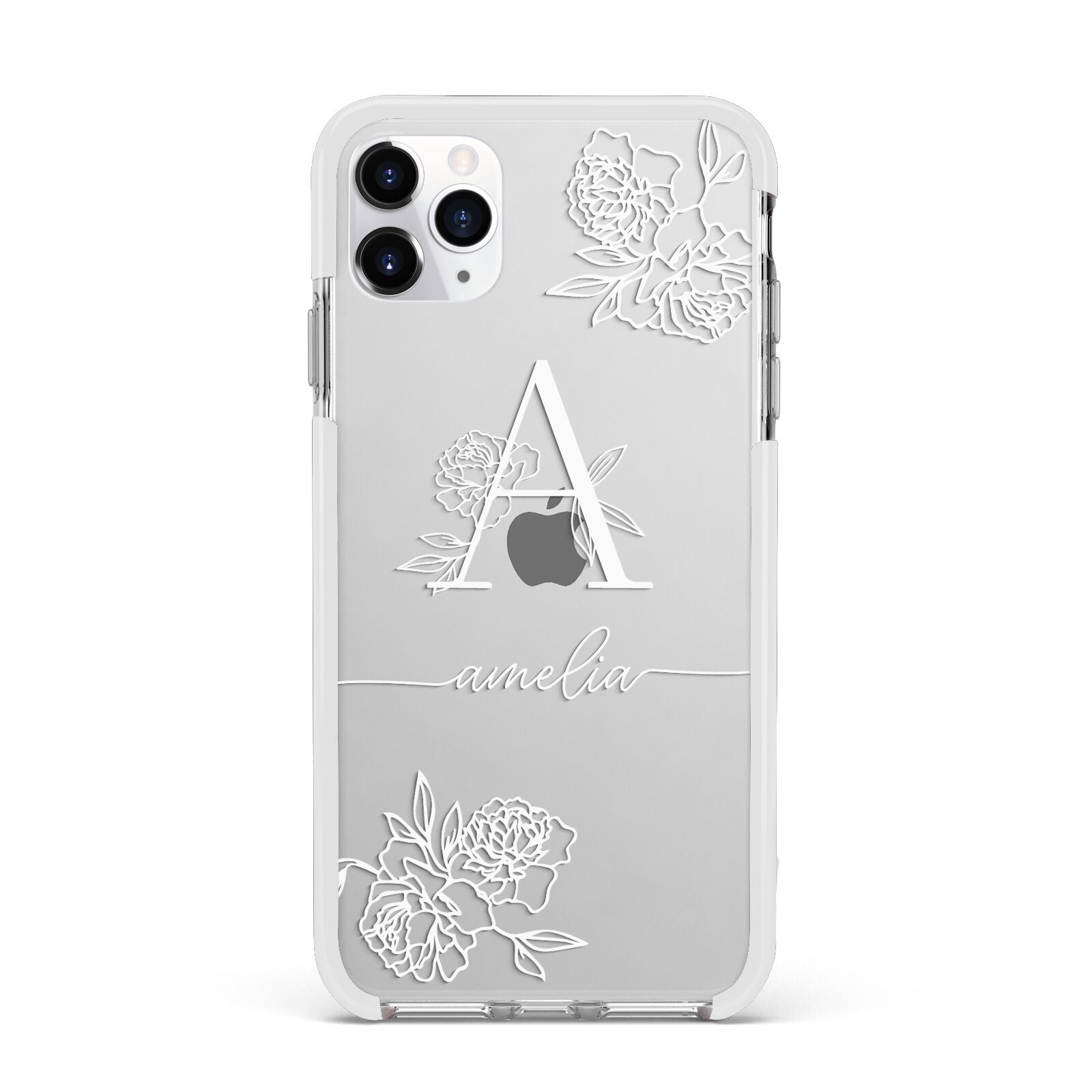 Personalised Floral Initial with Name Apple iPhone 11 Pro Max in Silver with White Impact Case
