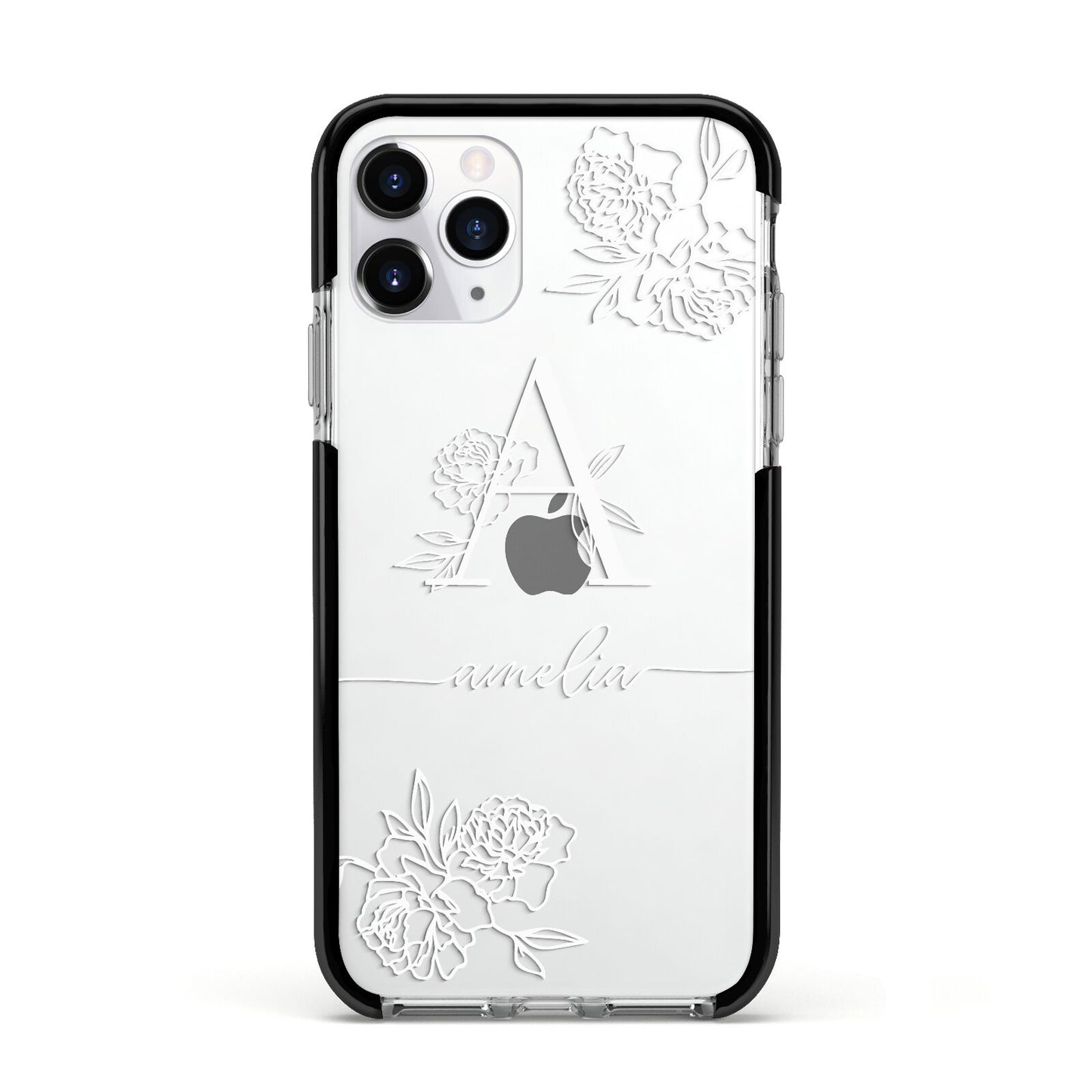 Personalised Floral Initial with Name Apple iPhone 11 Pro in Silver with Black Impact Case