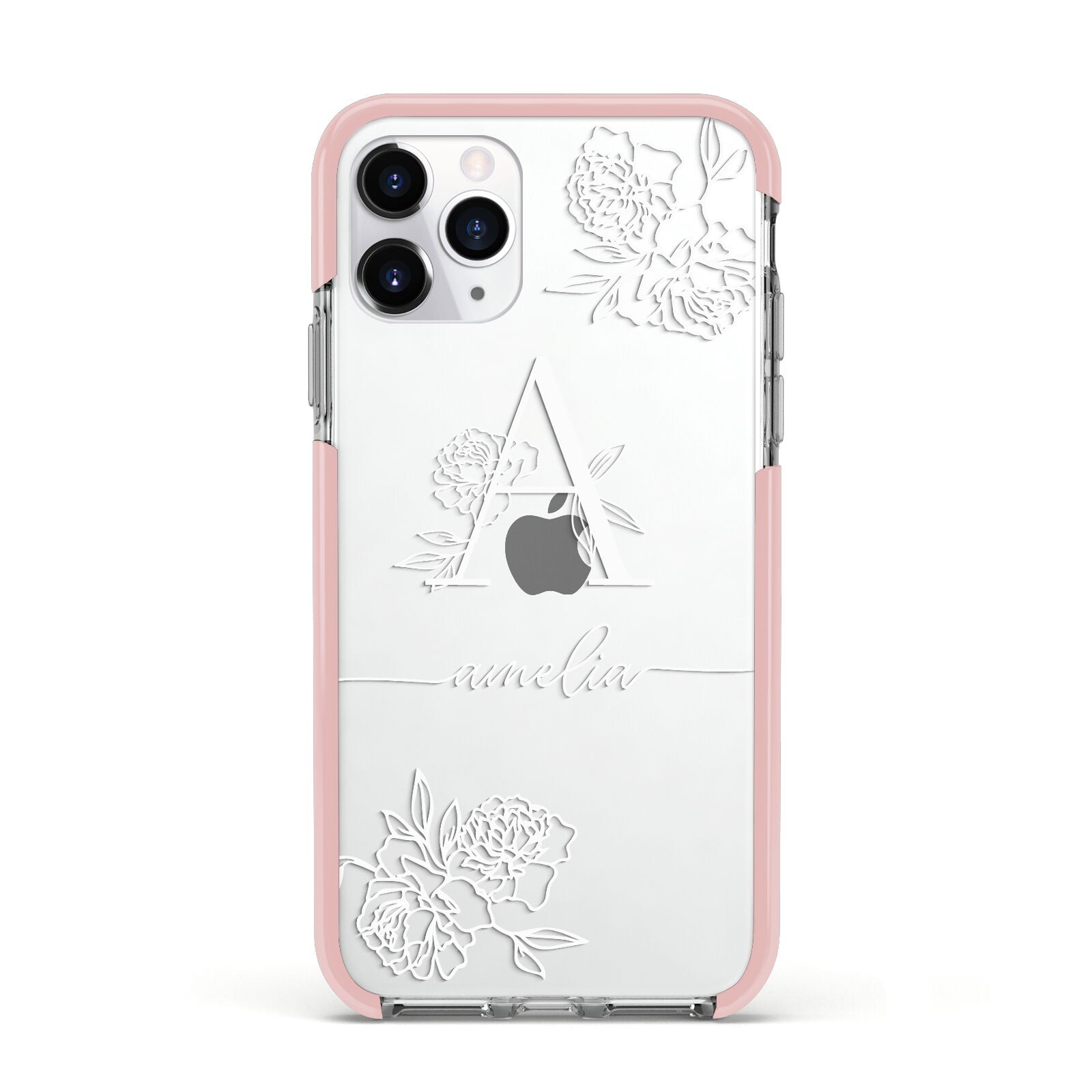 Personalised Floral Initial with Name Apple iPhone 11 Pro in Silver with Pink Impact Case