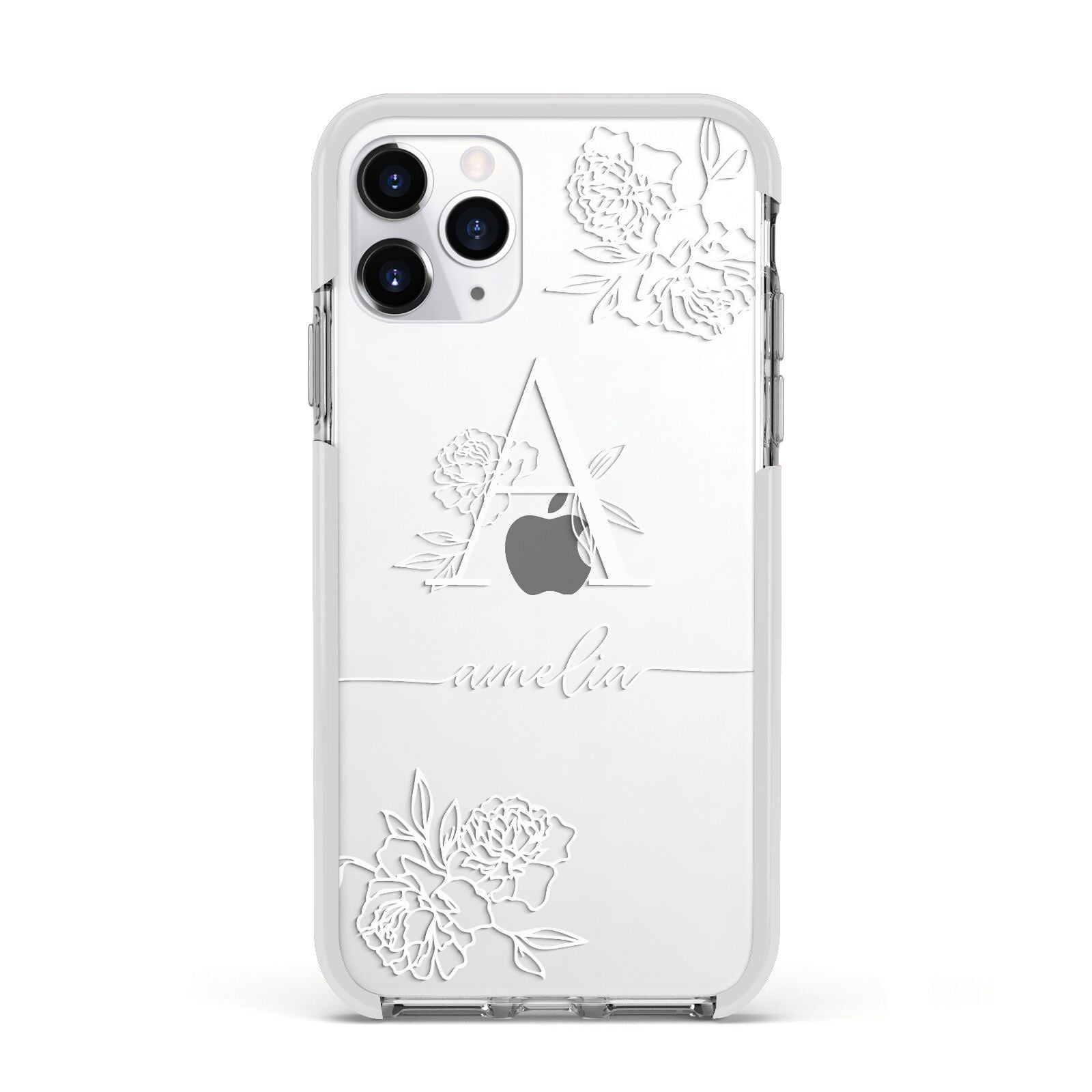 Personalised Floral Initial with Name Apple iPhone 11 Pro in Silver with White Impact Case
