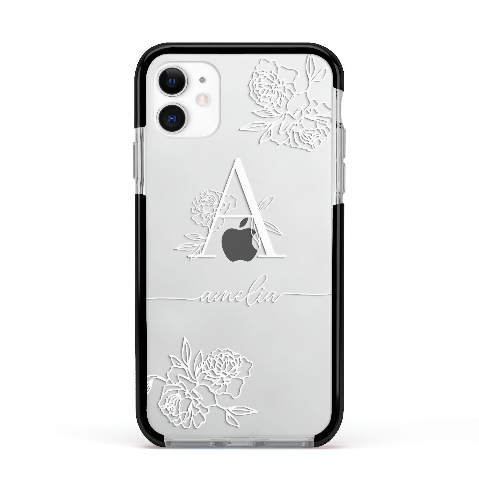 Personalised Floral Initial with Name Apple iPhone 11 in White with Black Impact Case
