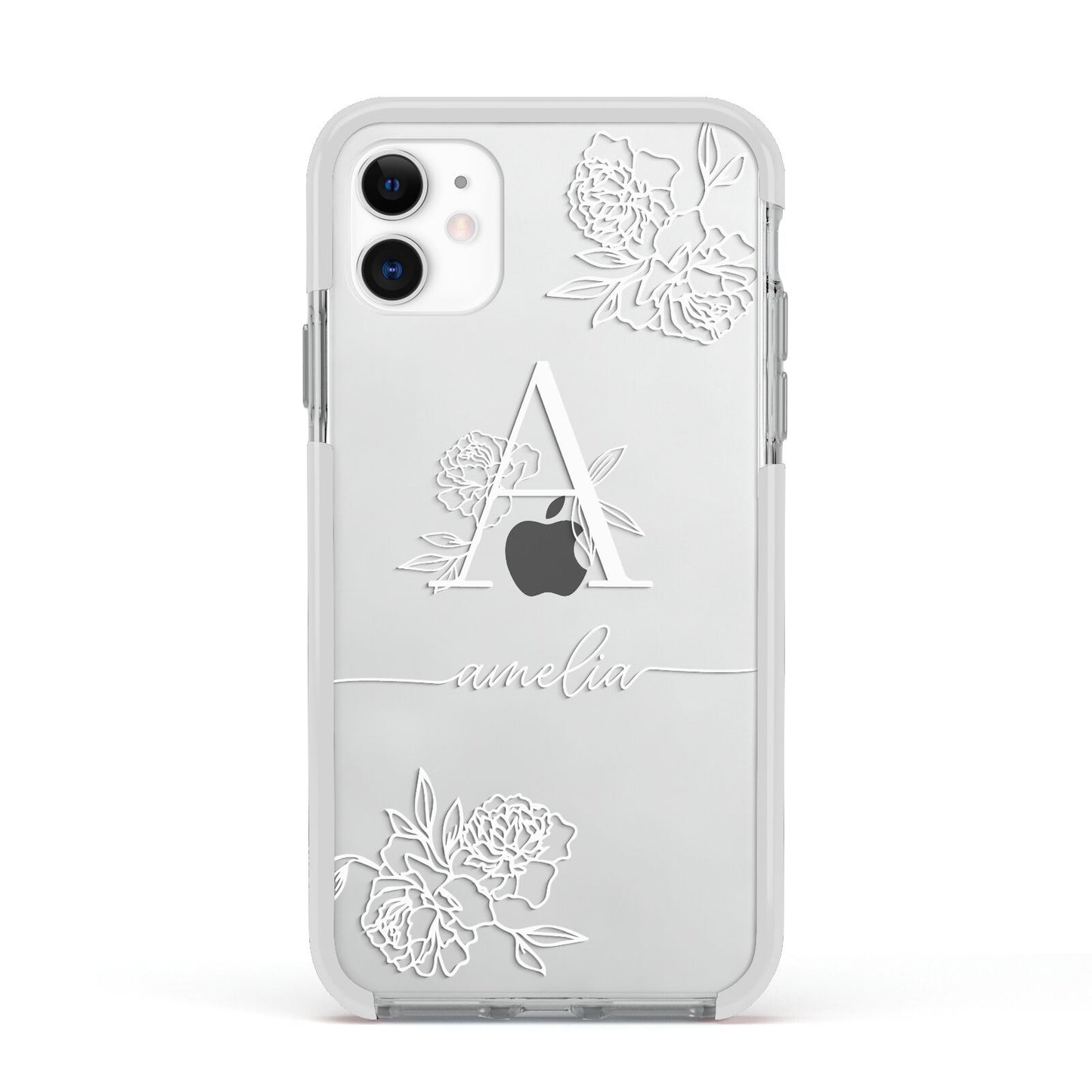 Personalised Floral Initial with Name Apple iPhone 11 in White with White Impact Case
