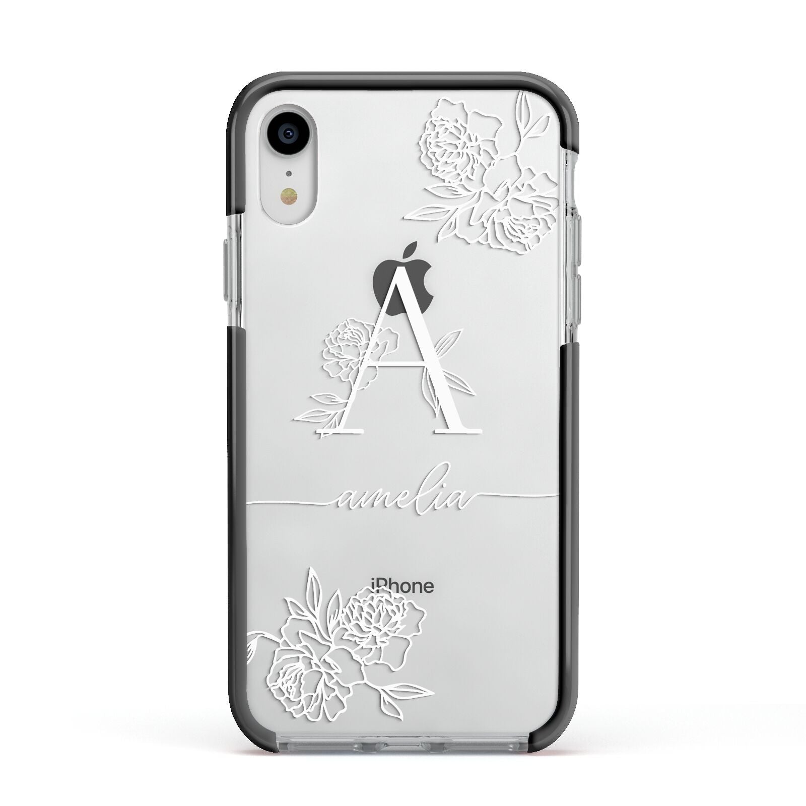 Personalised Floral Initial with Name Apple iPhone XR Impact Case Black Edge on Silver Phone