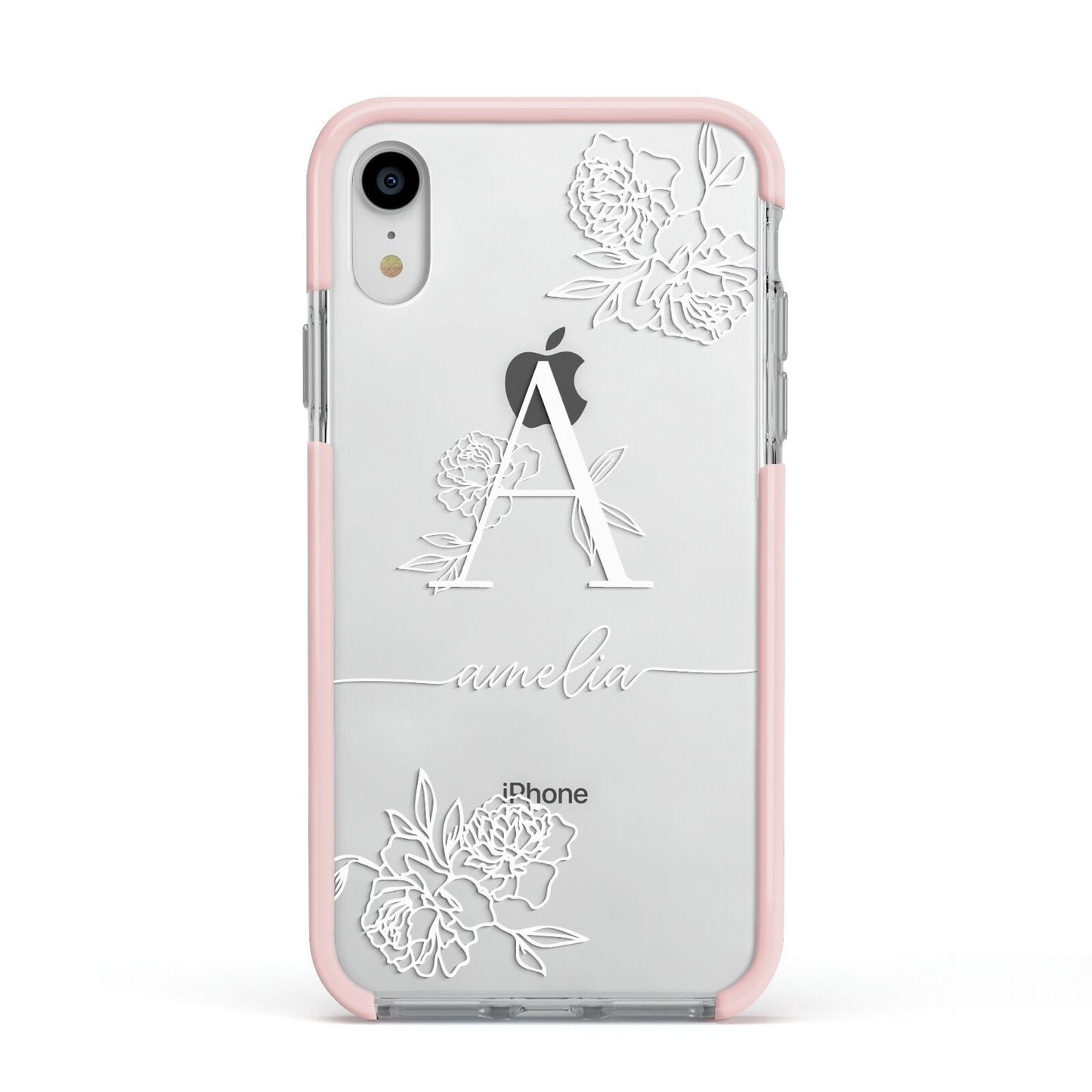 Personalised Floral Initial with Name Apple iPhone XR Impact Case Pink Edge on Silver Phone