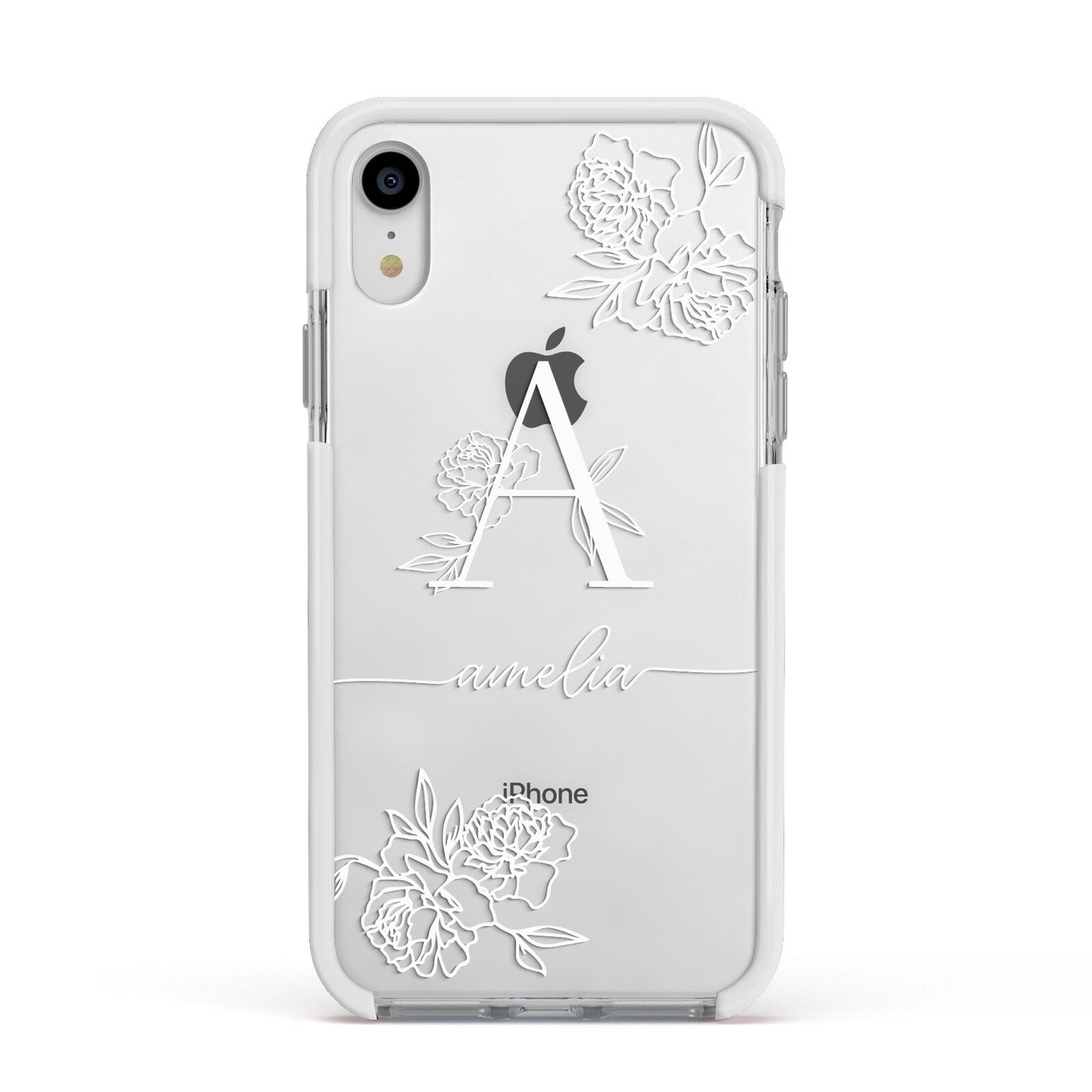 Personalised Floral Initial with Name Apple iPhone XR Impact Case White Edge on Silver Phone