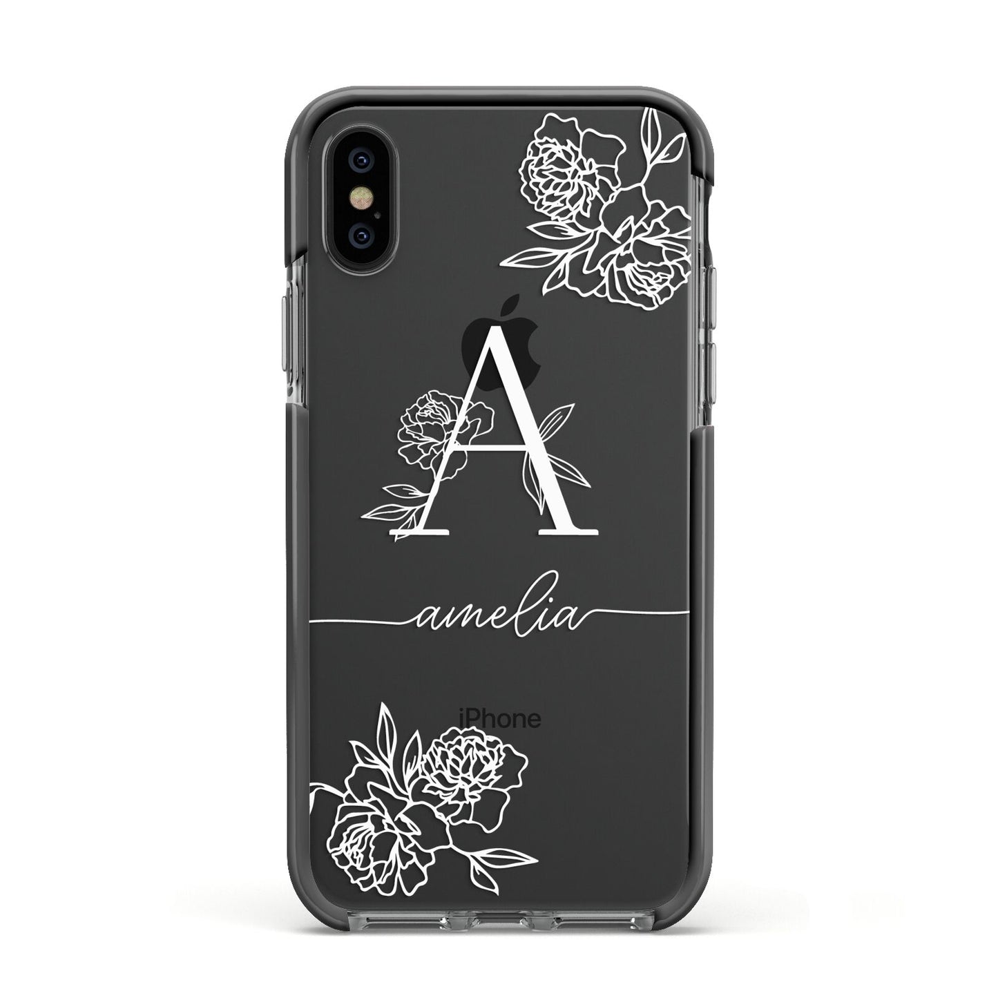 Personalised Floral Initial with Name Apple iPhone Xs Impact Case Black Edge on Black Phone