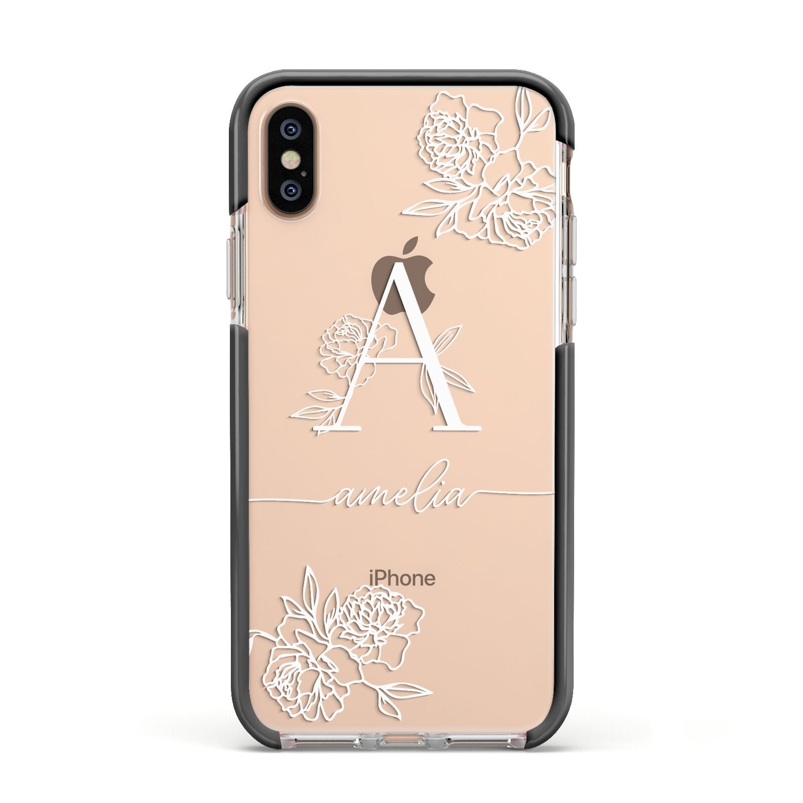 Personalised Floral Initial with Name Apple iPhone Xs Impact Case Black Edge on Gold Phone