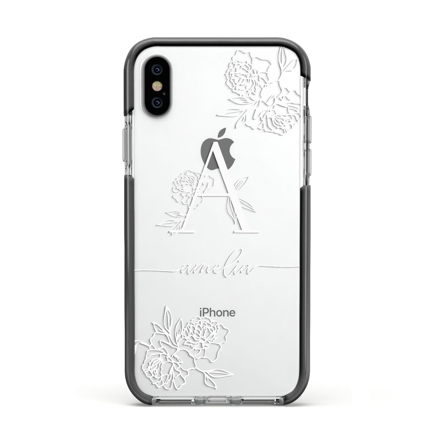 Personalised Floral Initial with Name Apple iPhone Xs Impact Case Black Edge on Silver Phone