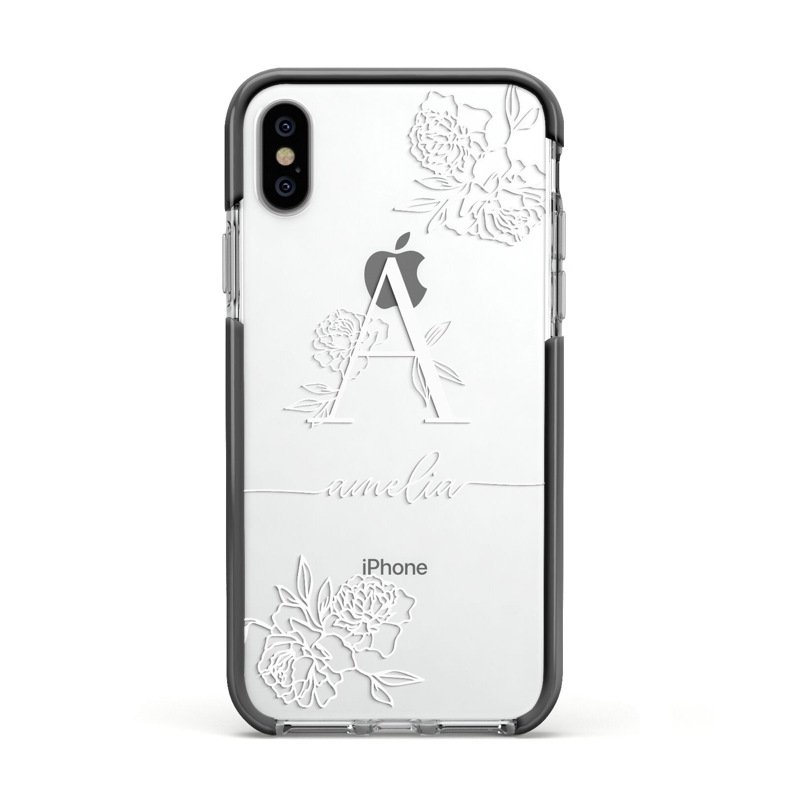 Personalised Floral Initial with Name Apple iPhone Xs Impact Case Black Edge on Silver Phone