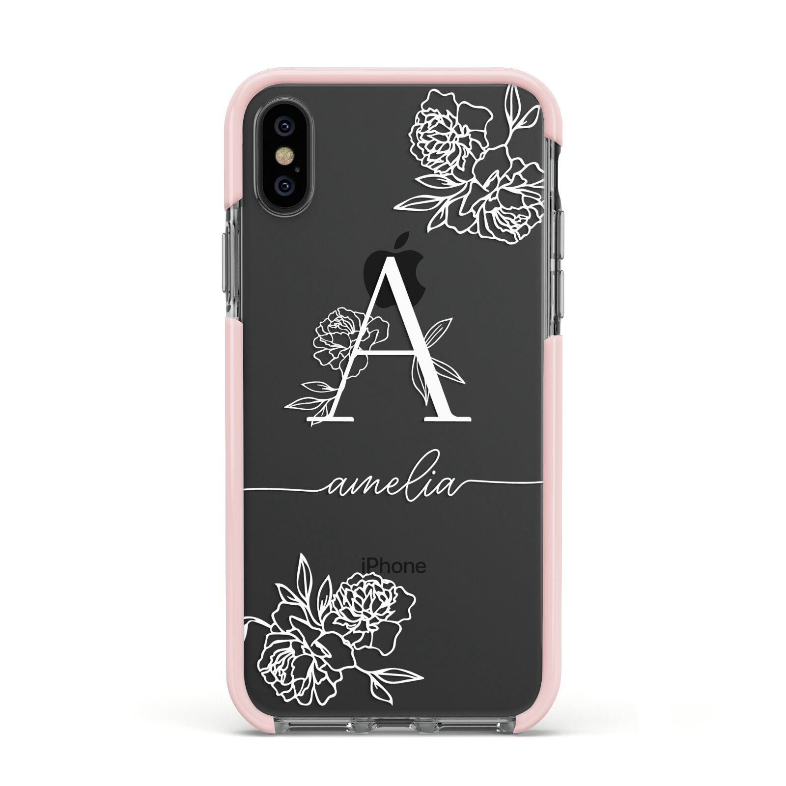 Personalised Floral Initial with Name Apple iPhone Xs Impact Case Pink Edge on Black Phone