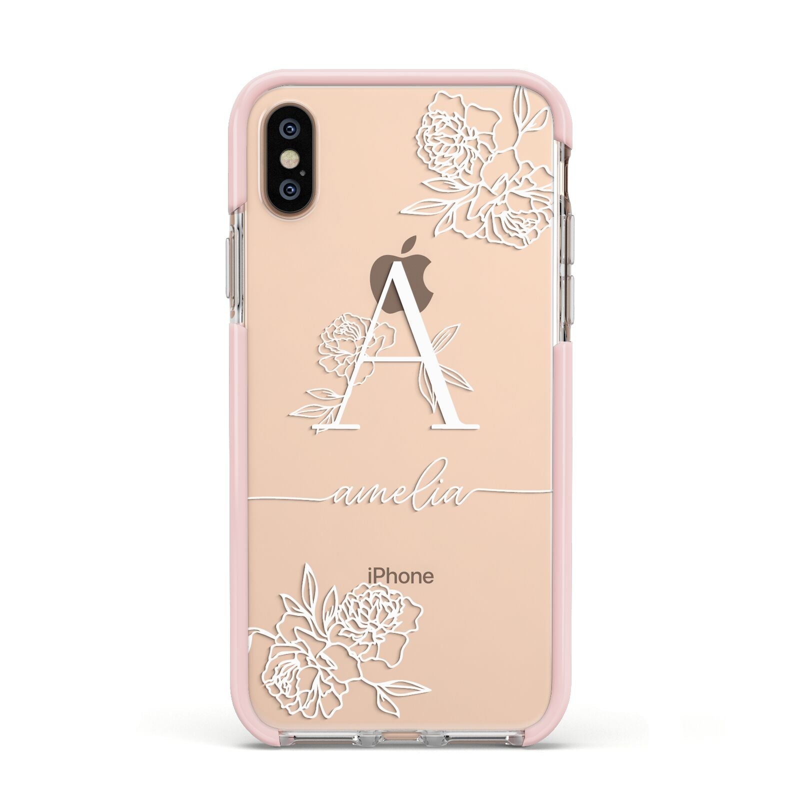 Personalised Floral Initial with Name Apple iPhone Xs Impact Case Pink Edge on Gold Phone