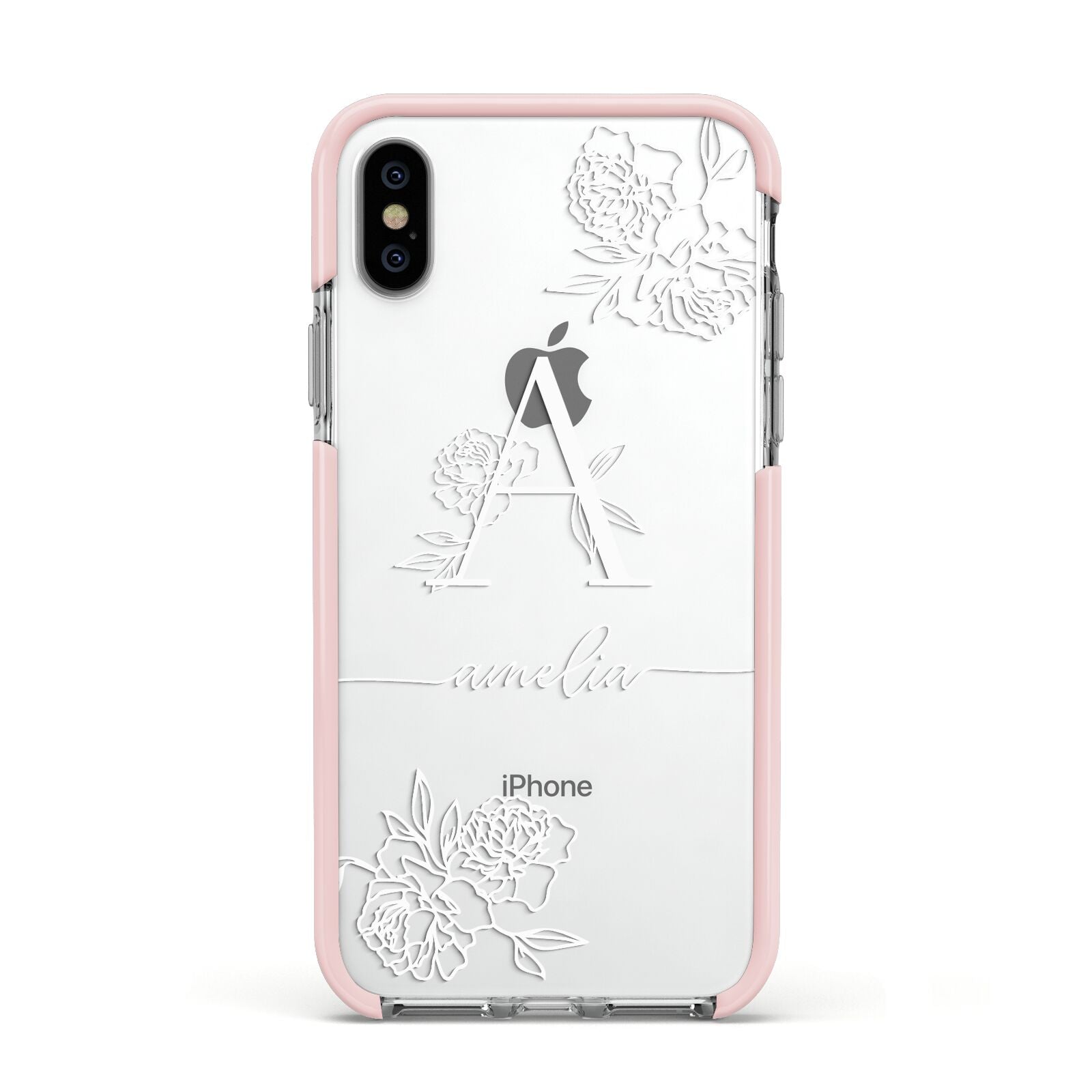Personalised Floral Initial with Name Apple iPhone Xs Impact Case Pink Edge on Silver Phone