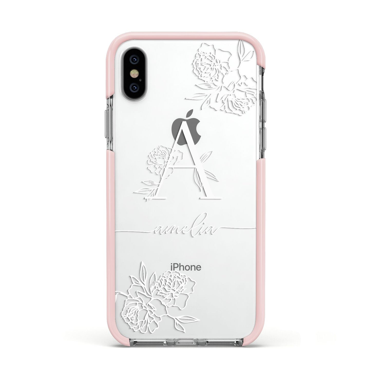 Personalised Floral Initial with Name Apple iPhone Xs Impact Case Pink Edge on Silver Phone