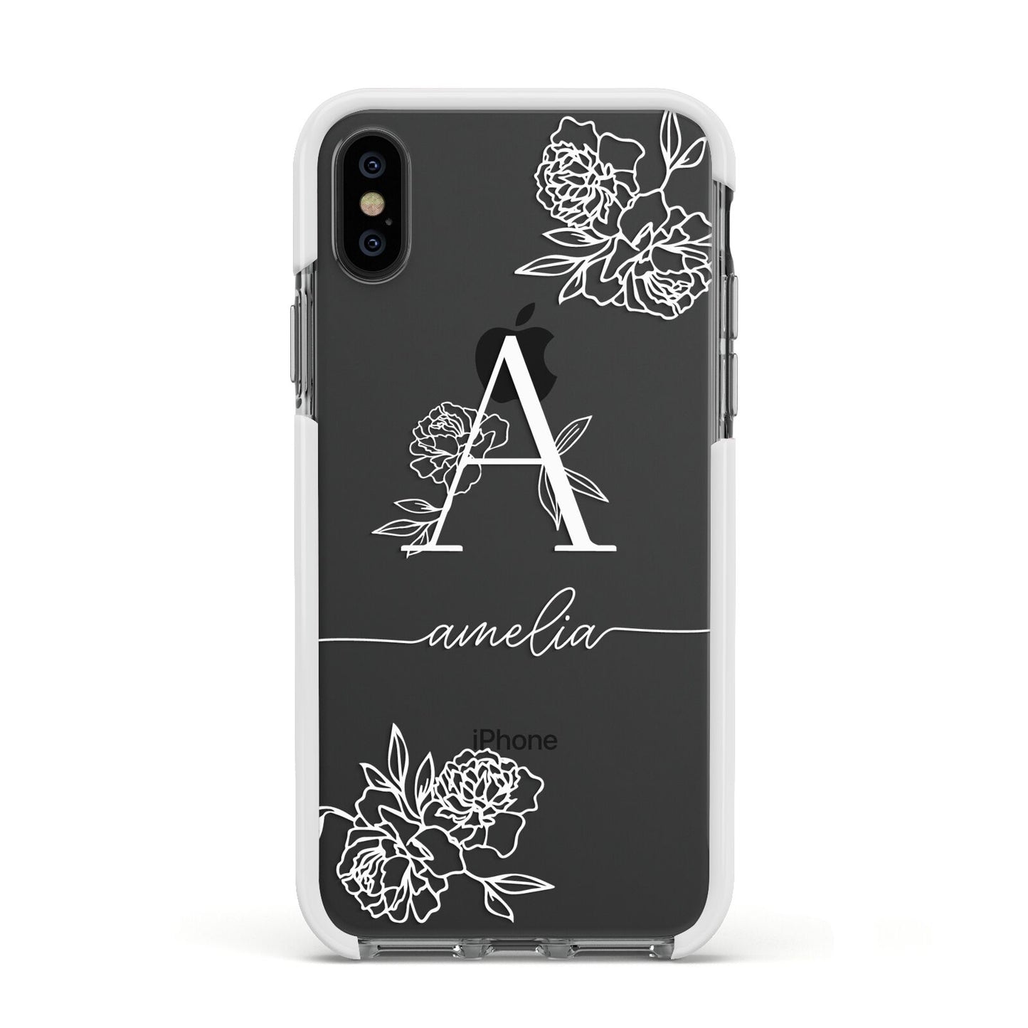 Personalised Floral Initial with Name Apple iPhone Xs Impact Case White Edge on Black Phone