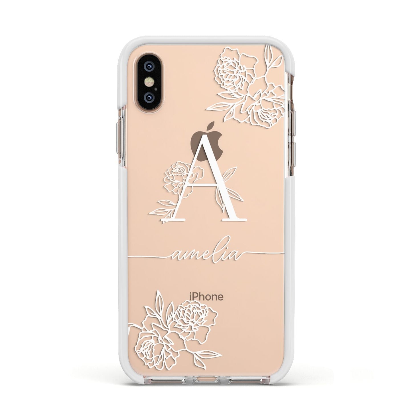 Personalised Floral Initial with Name Apple iPhone Xs Impact Case White Edge on Gold Phone