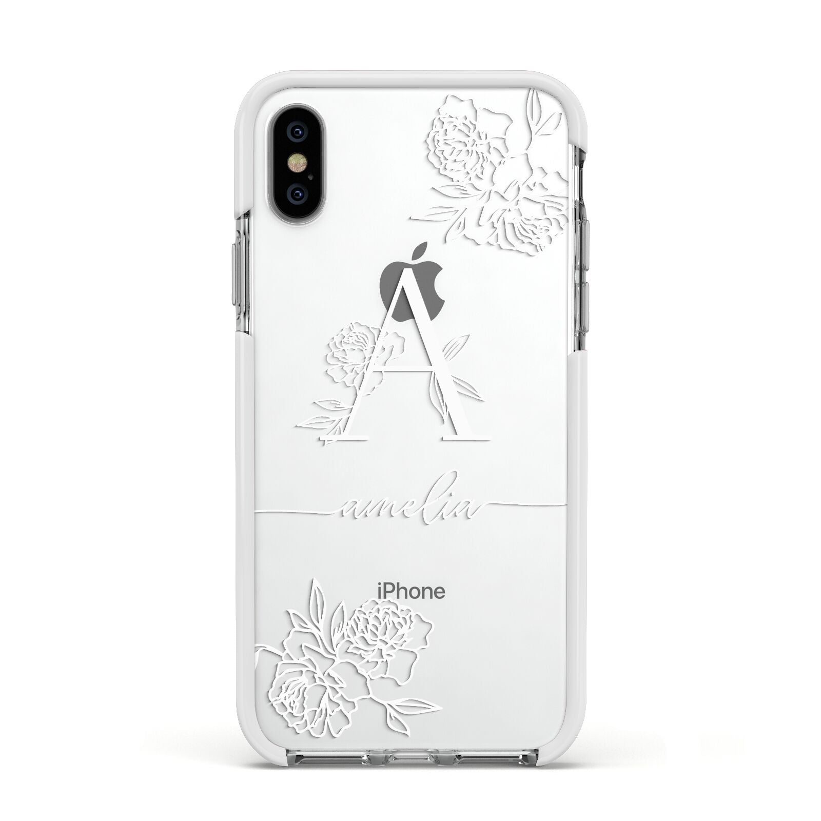 Personalised Floral Initial with Name Apple iPhone Xs Impact Case White Edge on Silver Phone