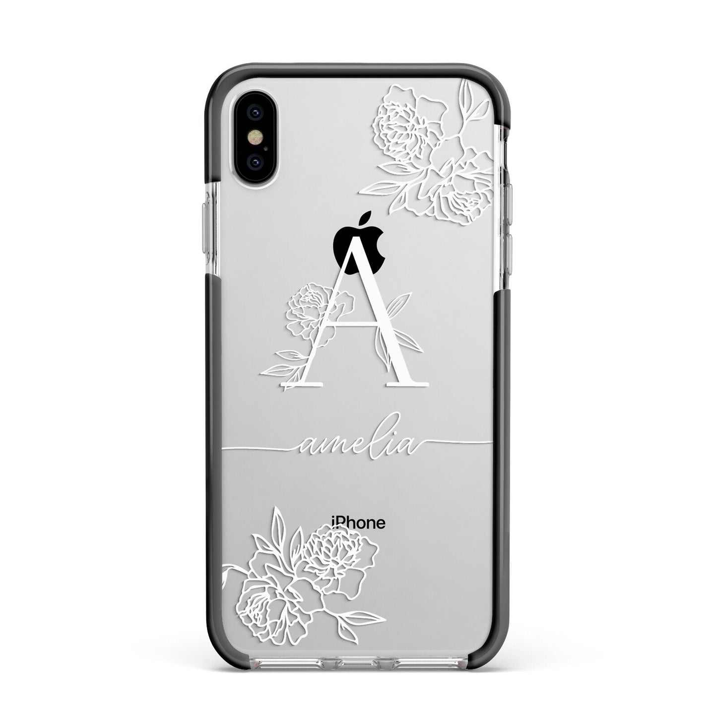 Personalised Floral Initial with Name Apple iPhone Xs Max Impact Case Black Edge on Silver Phone