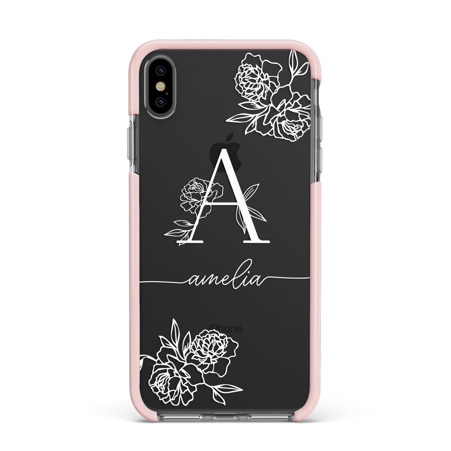 Personalised Floral Initial with Name Apple iPhone Xs Max Impact Case Pink Edge on Black Phone
