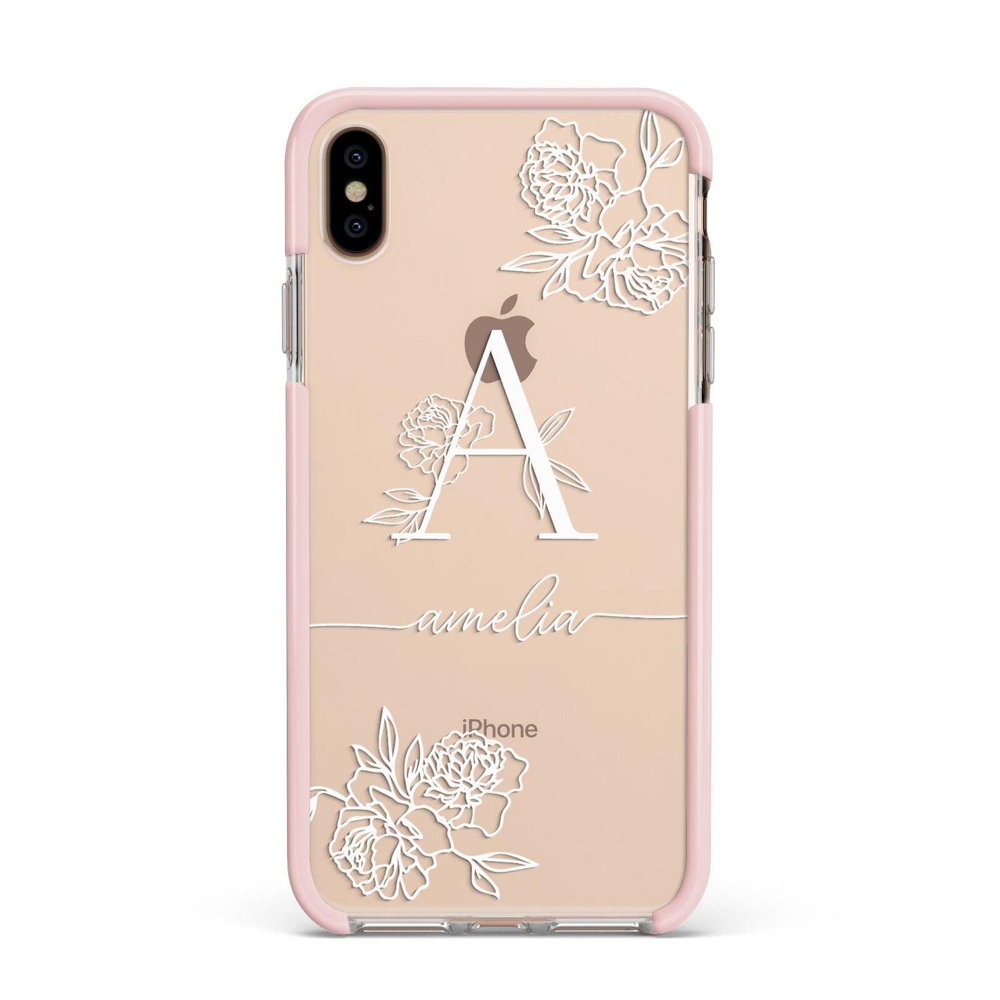 Personalised Floral Initial with Name Apple iPhone Xs Max Impact Case Pink Edge on Gold Phone