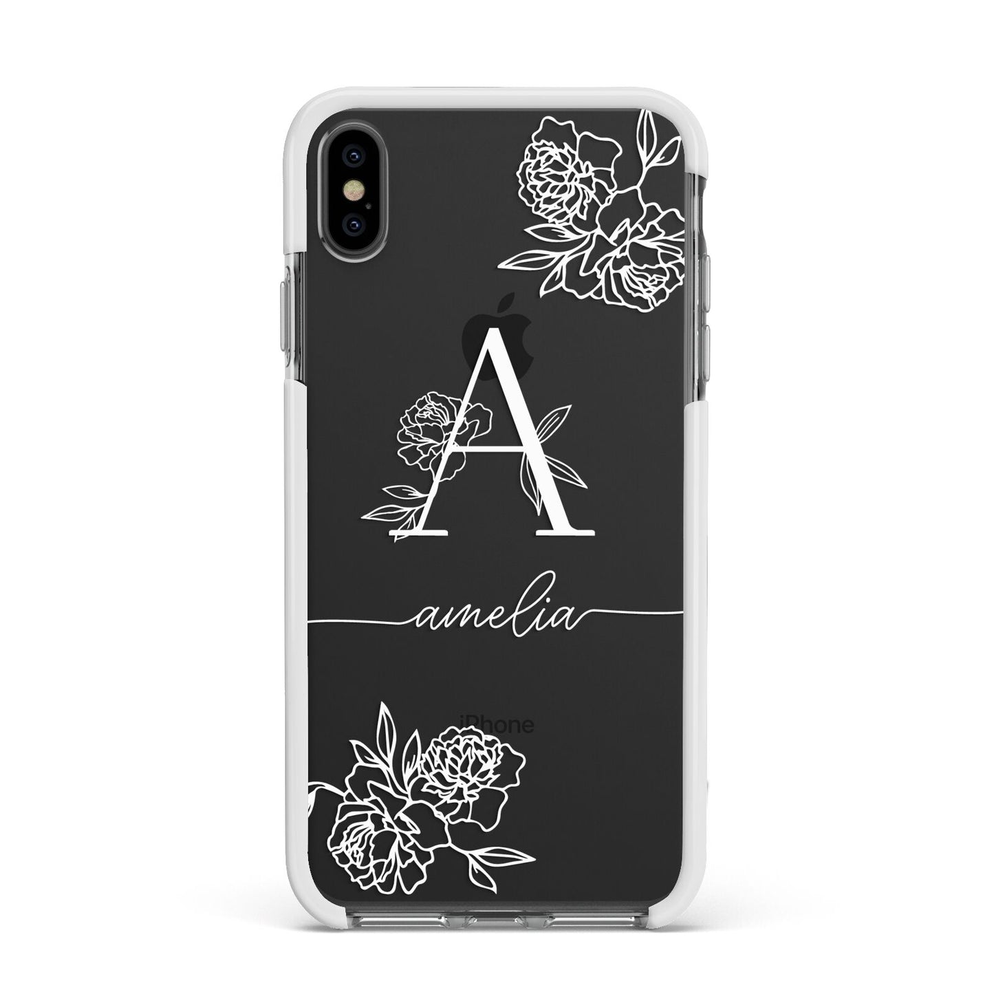 Personalised Floral Initial with Name Apple iPhone Xs Max Impact Case White Edge on Black Phone