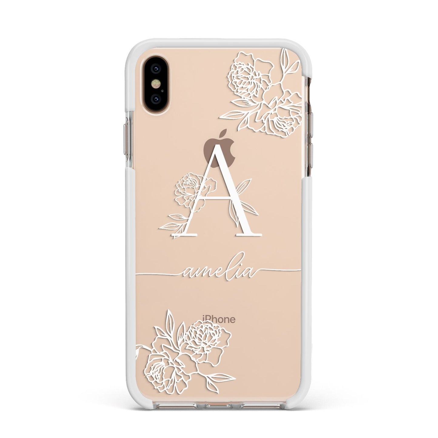 Personalised Floral Initial with Name Apple iPhone Xs Max Impact Case White Edge on Gold Phone