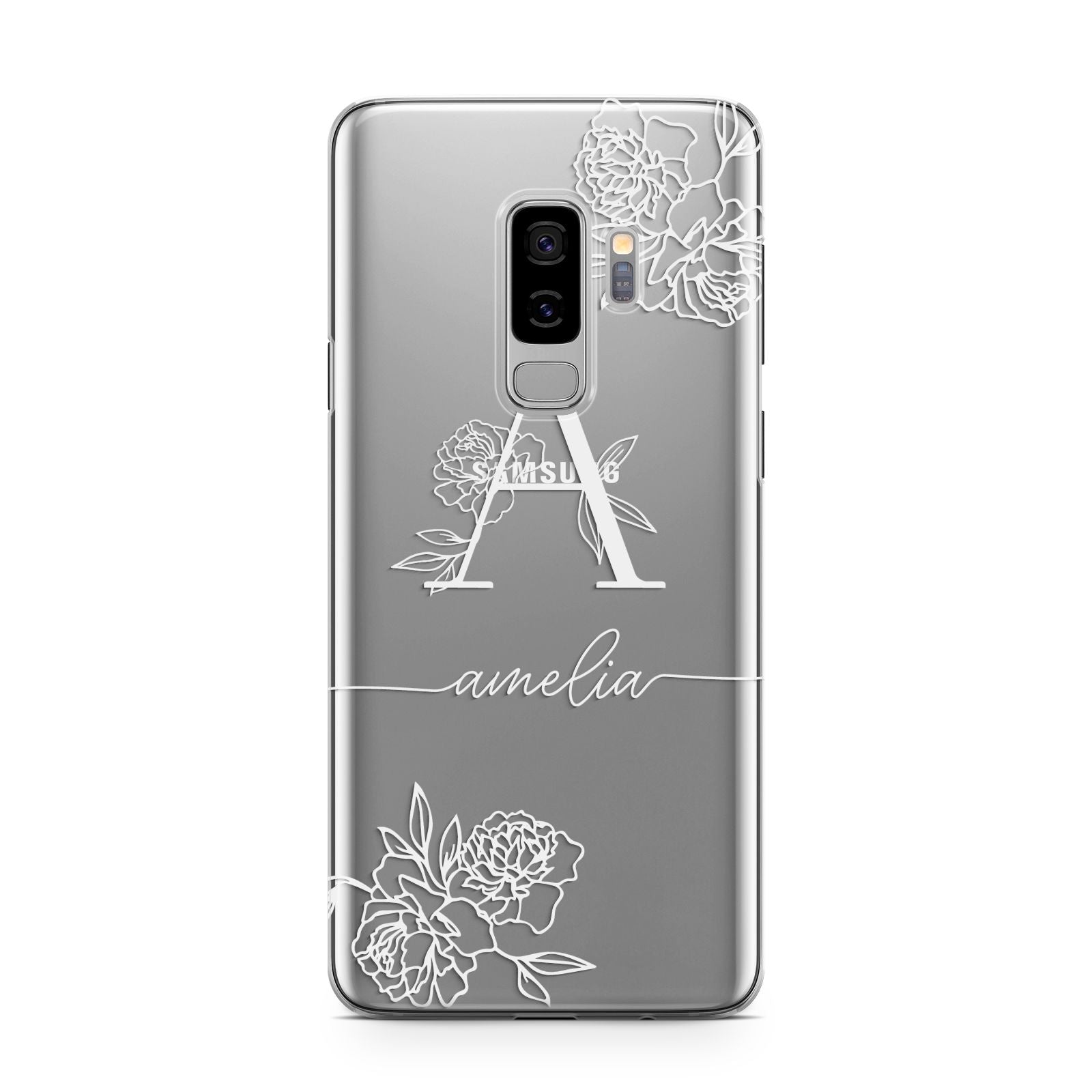 Personalised Floral Initial with Name Samsung Galaxy S9 Plus Case on Silver phone