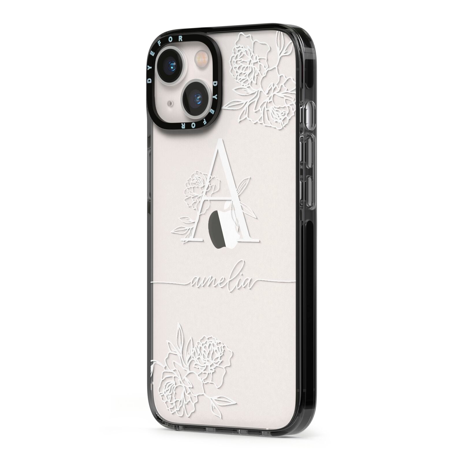 Personalised Floral Initial with Name iPhone 13 Black Impact Case Side Angle on Silver phone