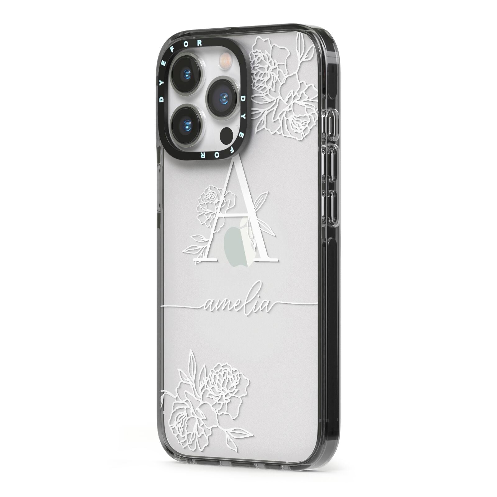 Personalised Floral Initial with Name iPhone 13 Pro Black Impact Case Side Angle on Silver phone