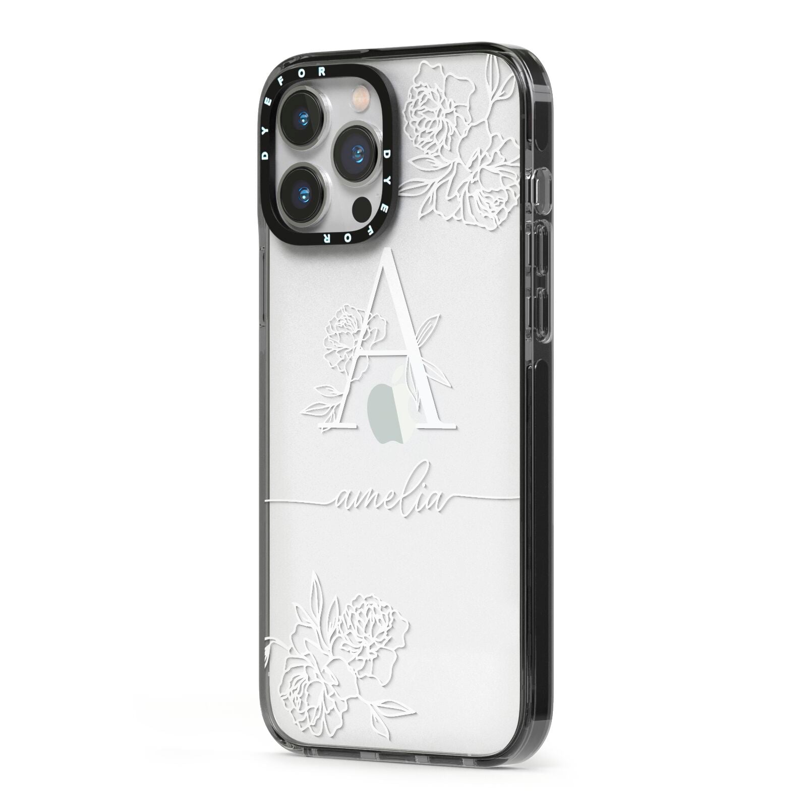 Personalised Floral Initial with Name iPhone 13 Pro Max Black Impact Case Side Angle on Silver phone