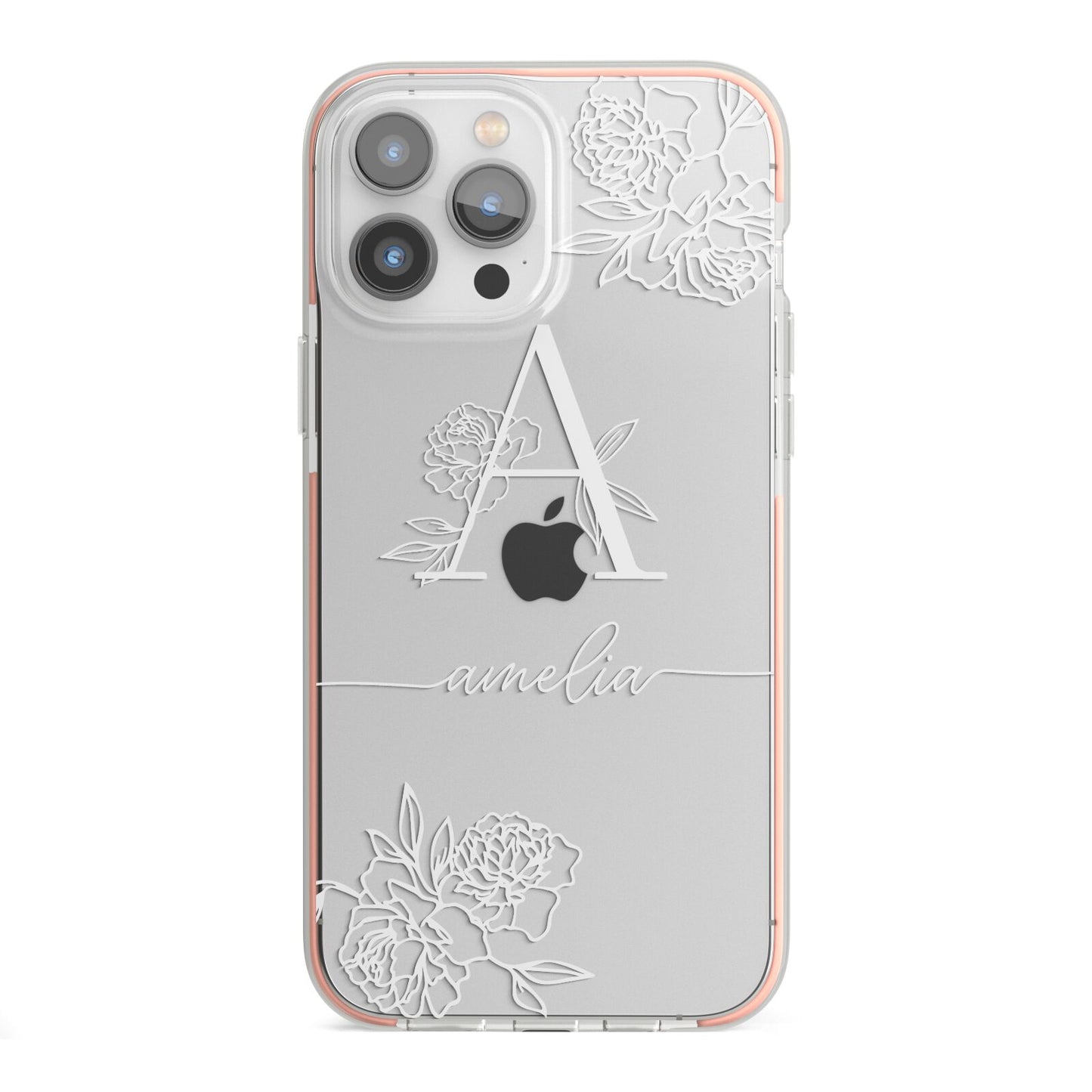 Personalised Floral Initial with Name iPhone 13 Pro Max TPU Impact Case with Pink Edges