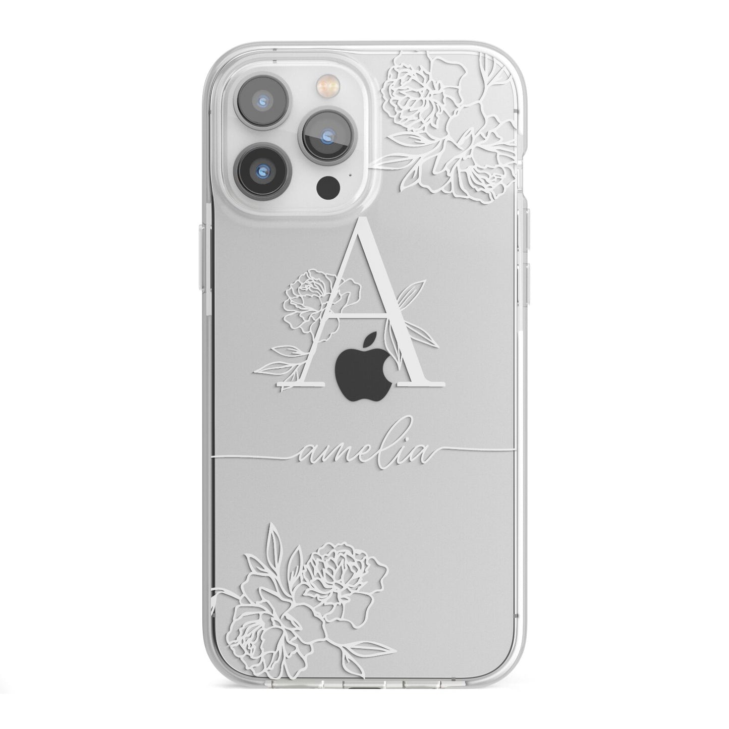 Personalised Floral Initial with Name iPhone 13 Pro Max TPU Impact Case with White Edges