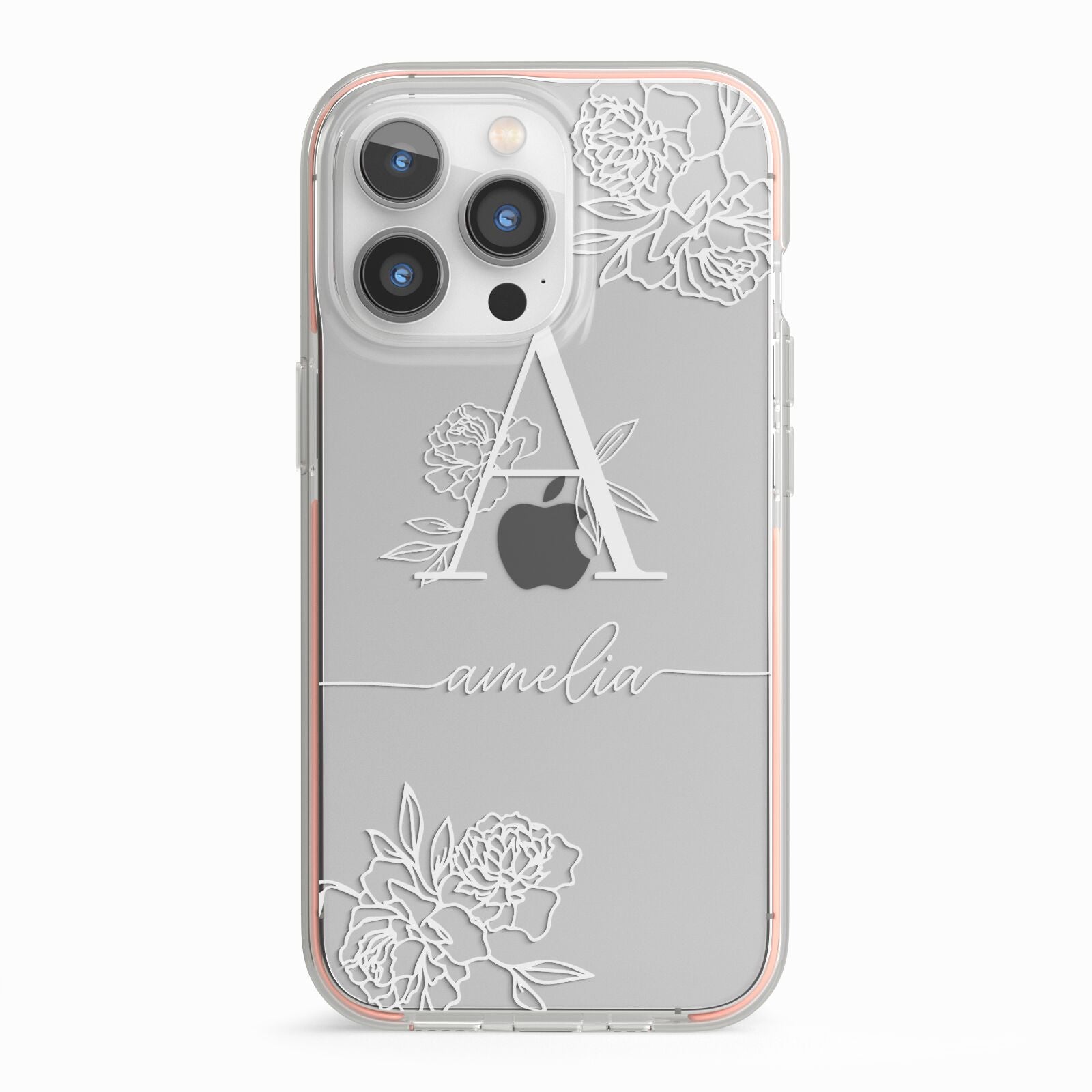 Personalised Floral Initial with Name iPhone 13 Pro TPU Impact Case with Pink Edges
