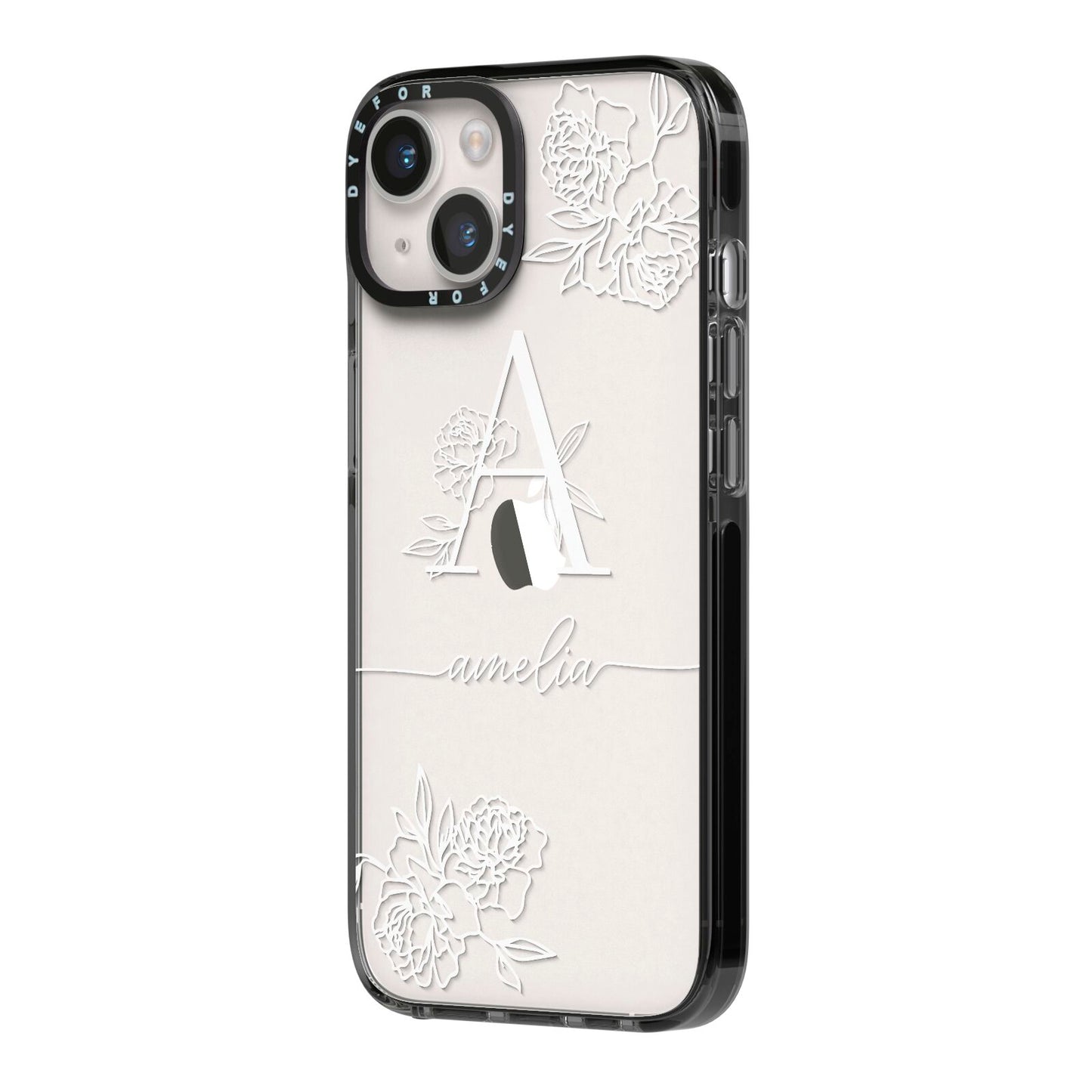 Personalised Floral Initial with Name iPhone 14 Black Impact Case Side Angle on Silver phone