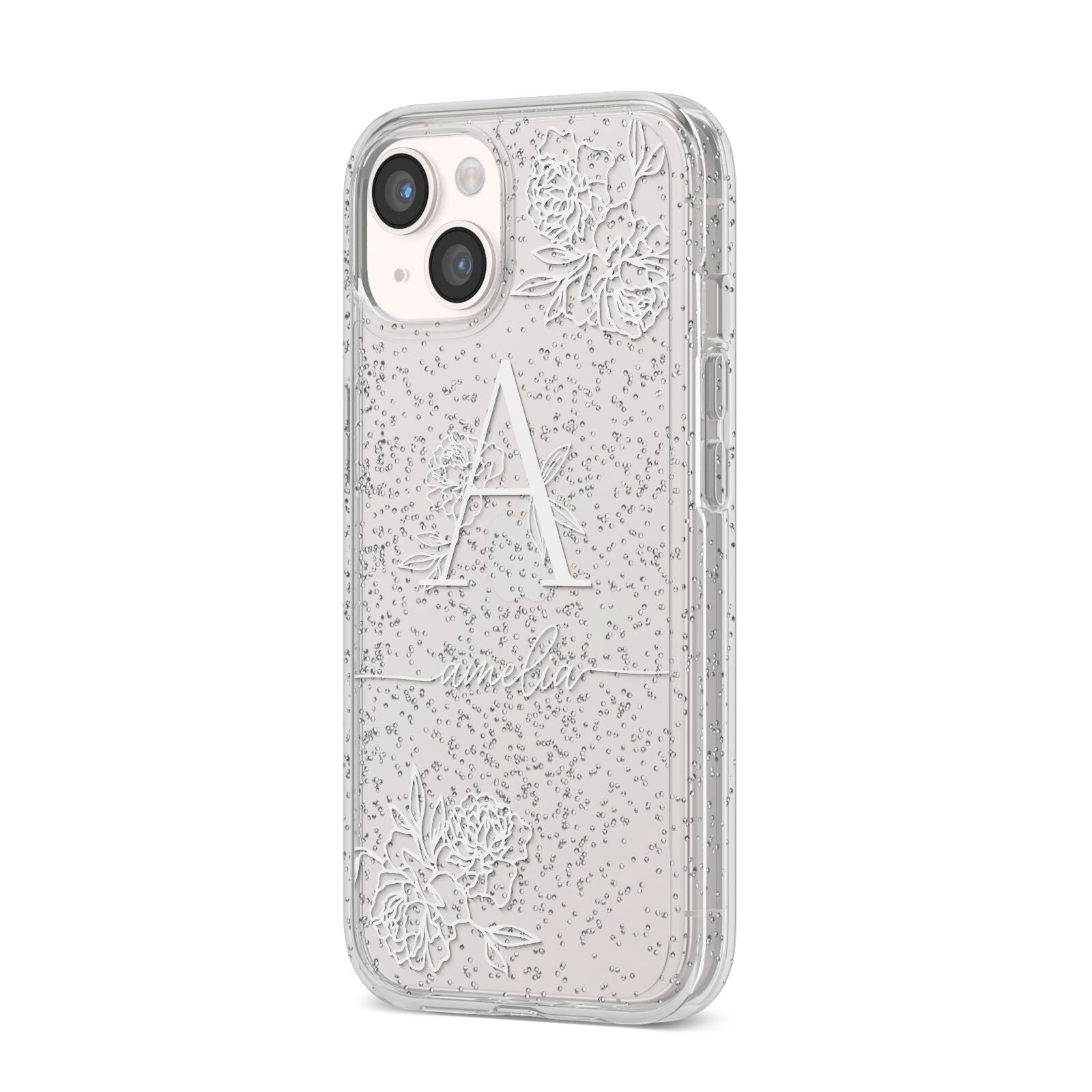 Personalised Floral Initial with Name iPhone 14 Glitter Tough Case Starlight Angled Image