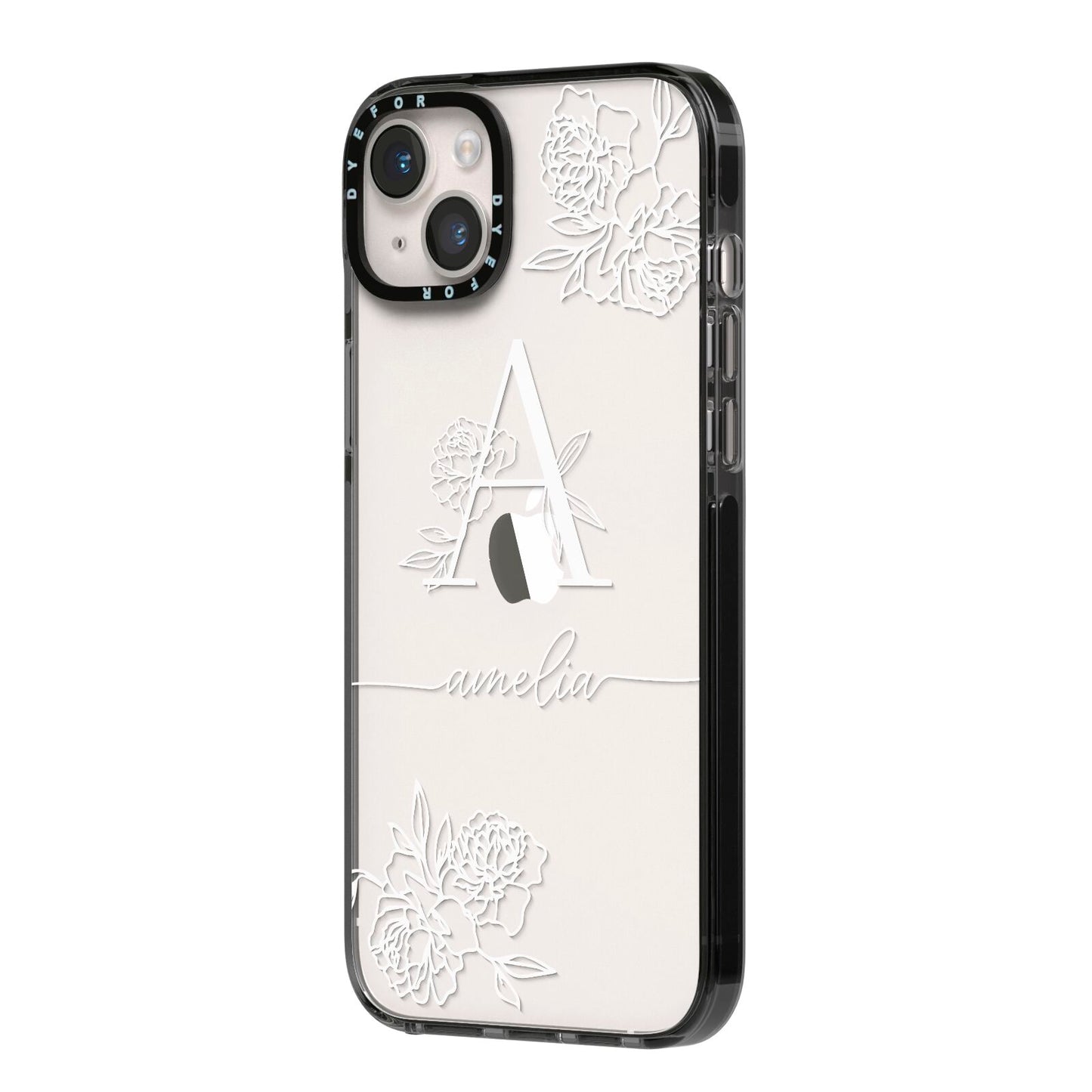 Personalised Floral Initial with Name iPhone 14 Plus Black Impact Case Side Angle on Silver phone