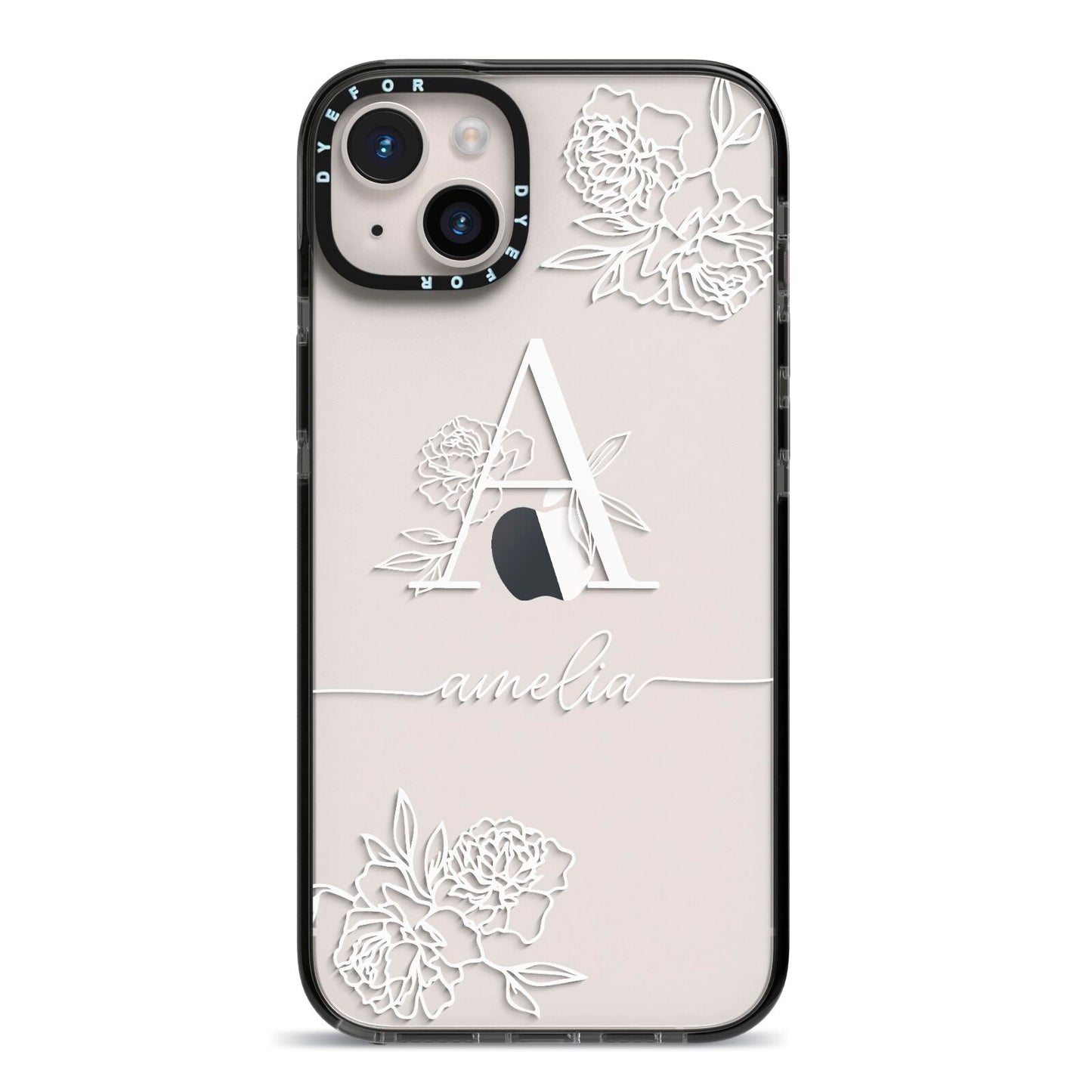 Personalised Floral Initial with Name iPhone 14 Plus Black Impact Case on Silver phone