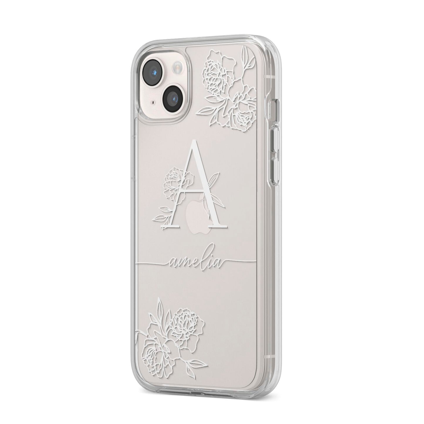 Personalised Floral Initial with Name iPhone 14 Plus Clear Tough Case Starlight Angled Image